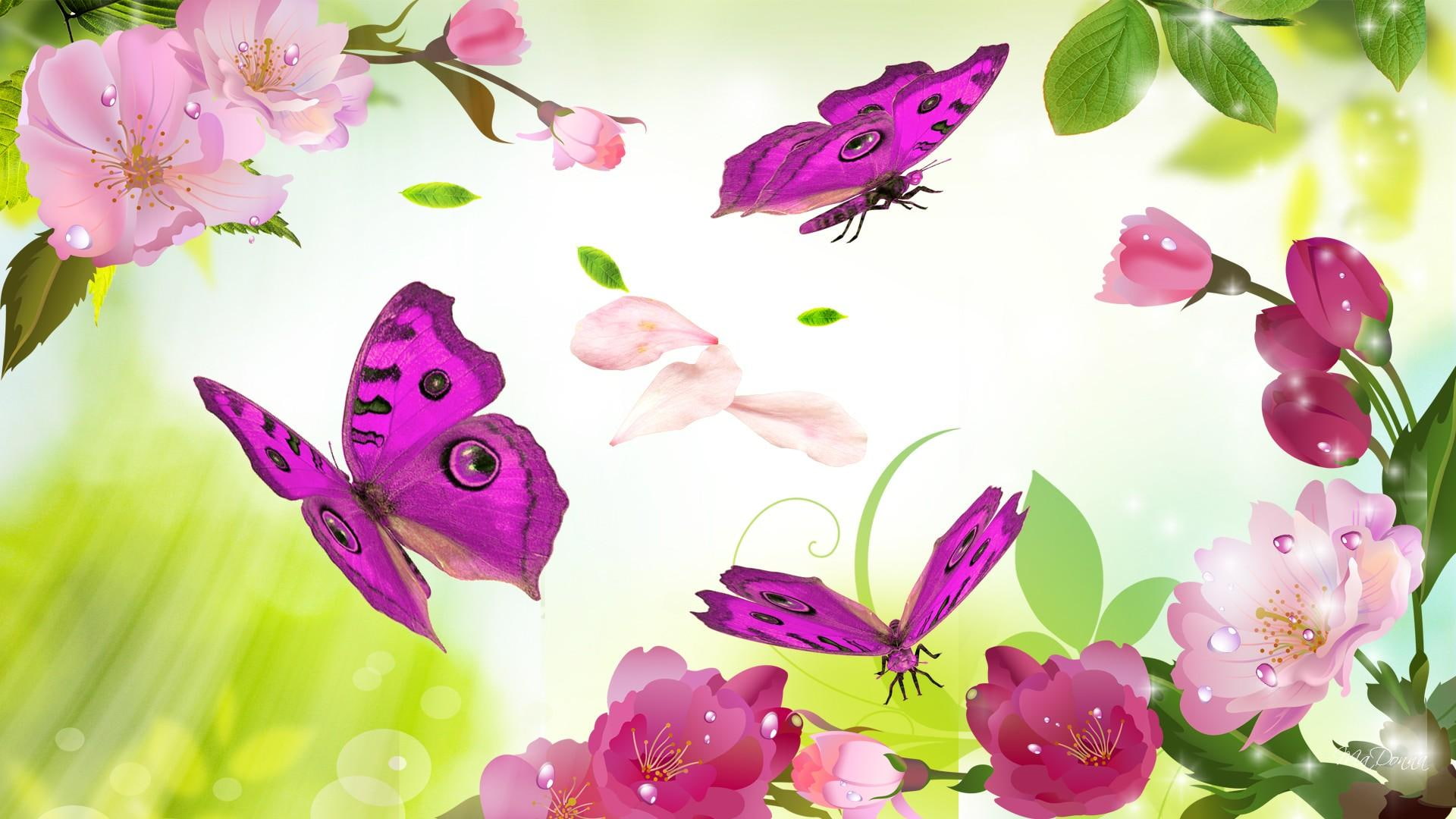 sakura, petals, leaves, light, spring, fresh, apple blossoms, outshine, butterflie, blossoms, butterflies, cherry blossoms, pink, 1080P, HD Wallpaper