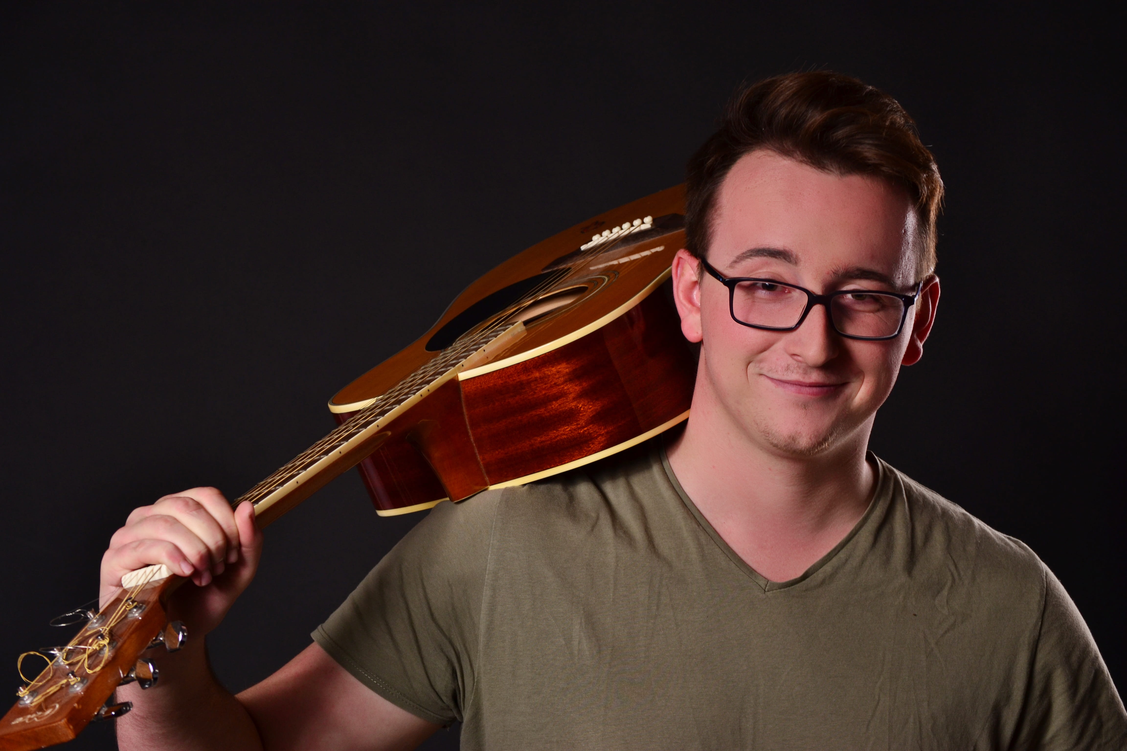 young adult, studio, headshot, adult, smiling, acoustic, studio shot, 4K, one person, artist, person, guitar, violinist, shirt, skill, musical equipment, HD Wallpaper