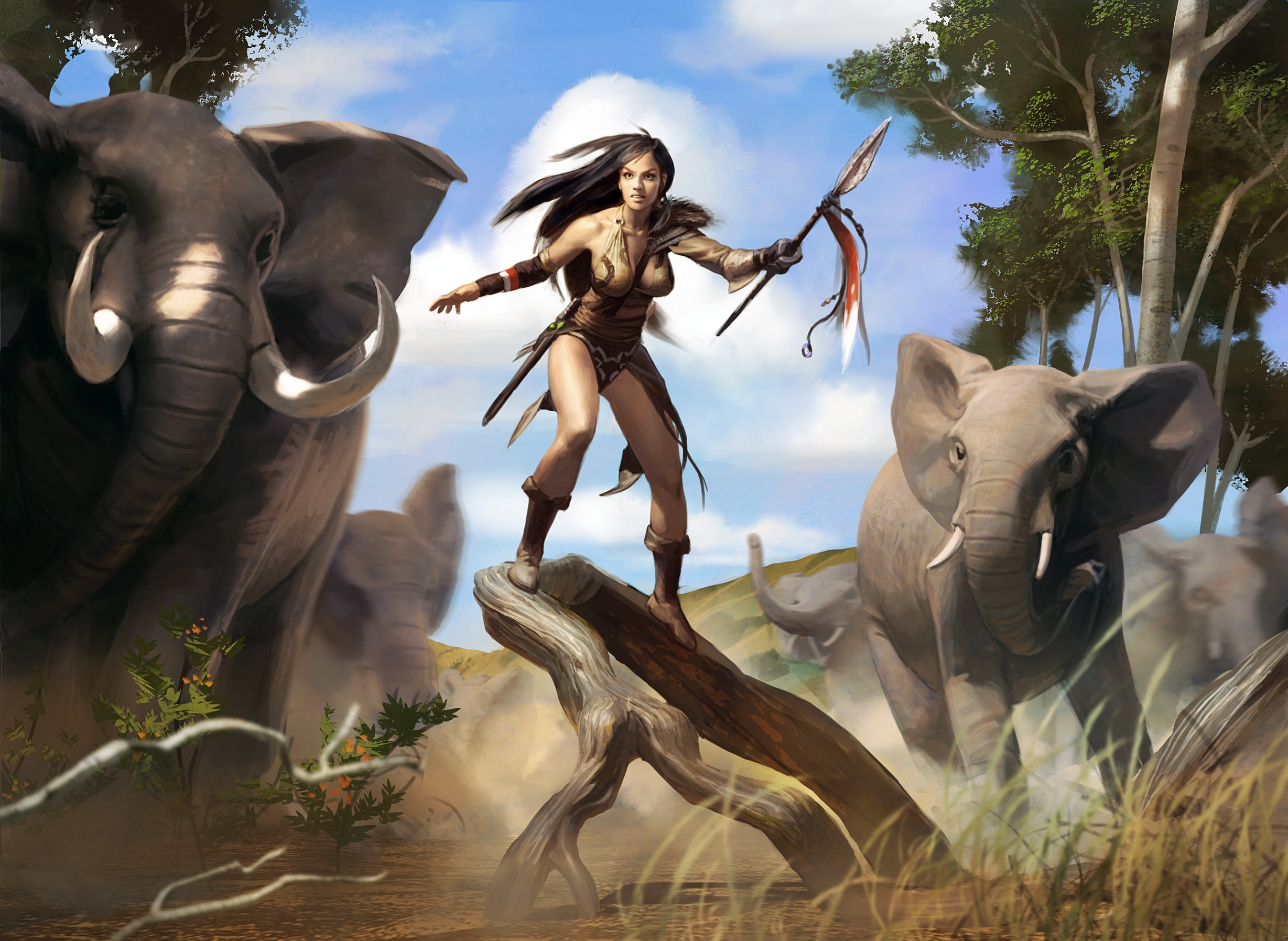 fantasy, female, illustrations, elephants, abstract, gathering, art, magic, artwork, Magic The Gathering, warriors, spears, hd, 1080P, HD Wallpaper
