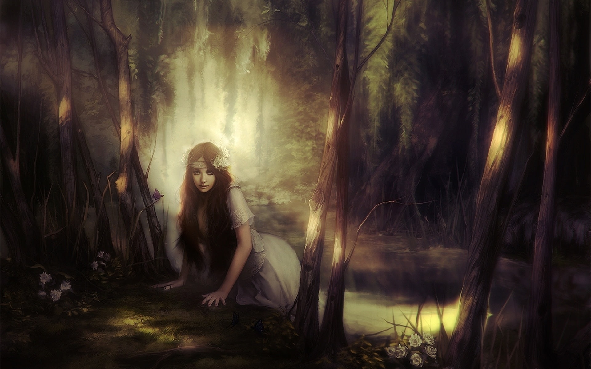 nature, gown, Sunbeams, Silent, Airbrushing, light, Jace, wallace, spooky, Dark, manipulation, Soft, dress, Woods, rivers, deviantart, 1080P, fantasy, HD Wallpaper