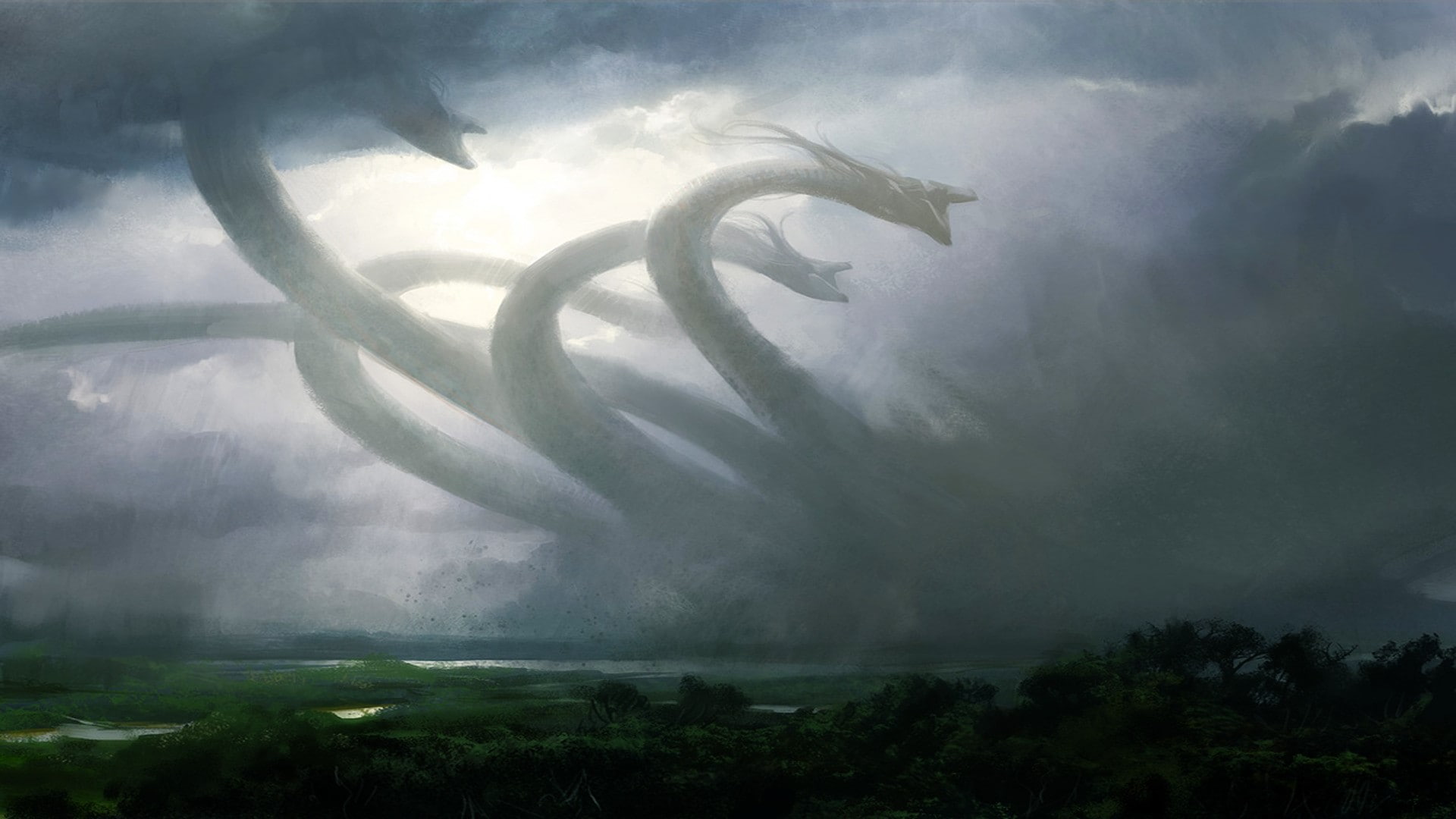 lernaean hydra mythology fantasy art landscape forest clouds hydra magic the gathering, day, tranquility, cloud - sky, scenics - nature, power in nature, HD Wallpaper