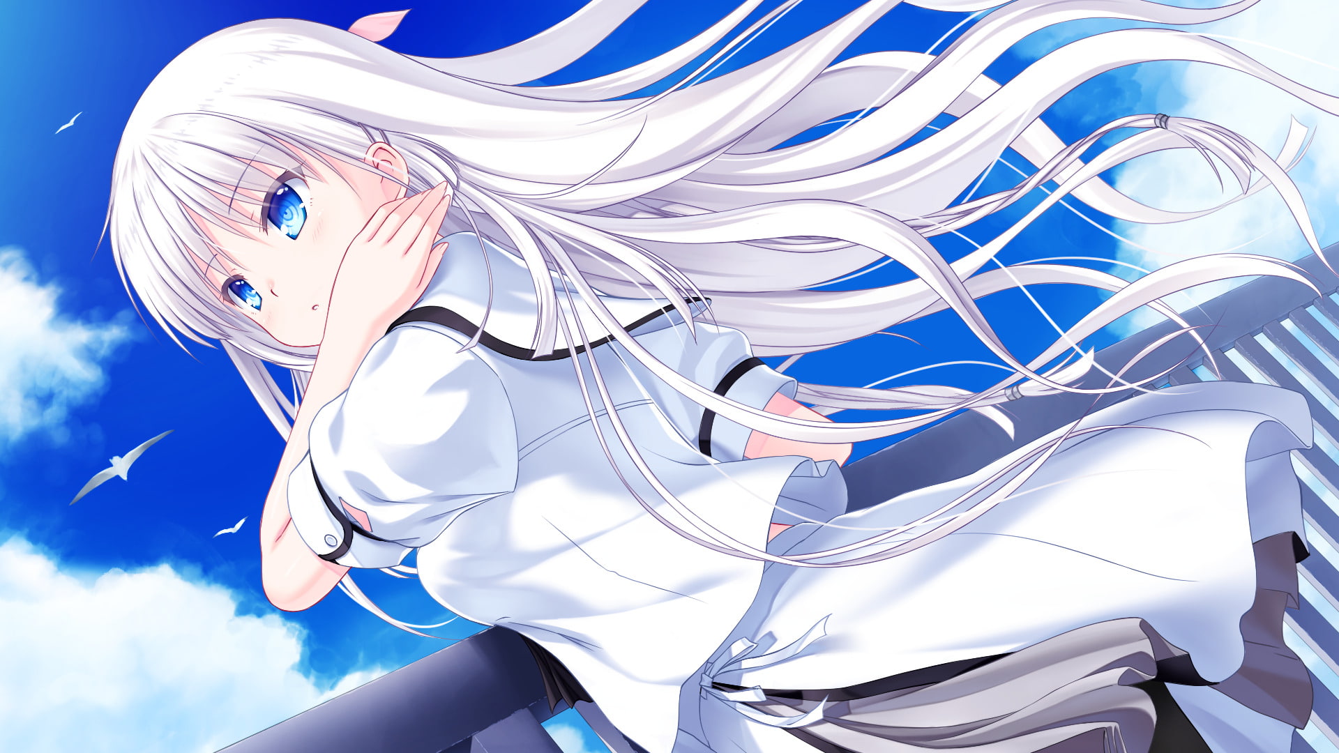 blue, 1080P, emotion, Summer Pockets, adult, women, Anime, females, technology, child, one person, childhood, sky, real people, blond hair, leisure activity, HD Wallpaper
