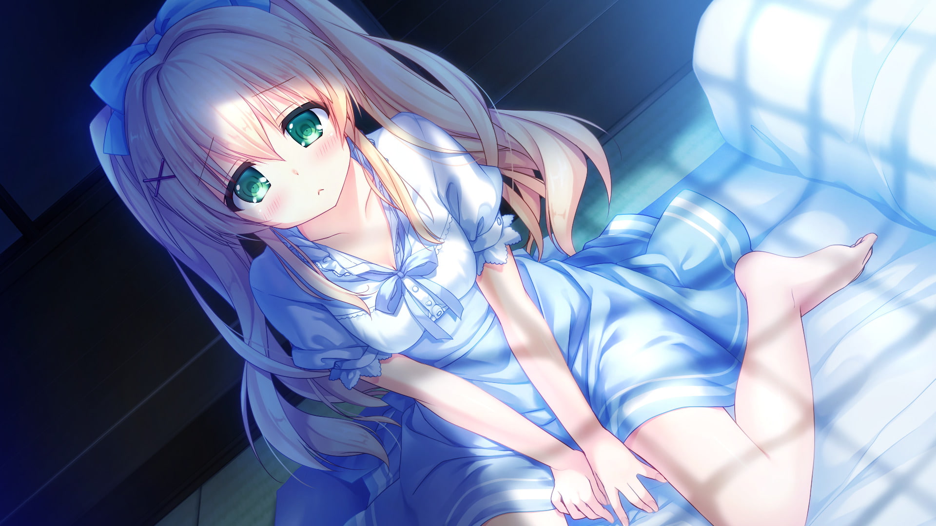 portrait, looking at camera, studio shot, Anime, clothing, hair, young women, Tsumugi Wenders, 1080P, hairstyle, Summer Pockets, beautiful woman, blue, HD Wallpaper