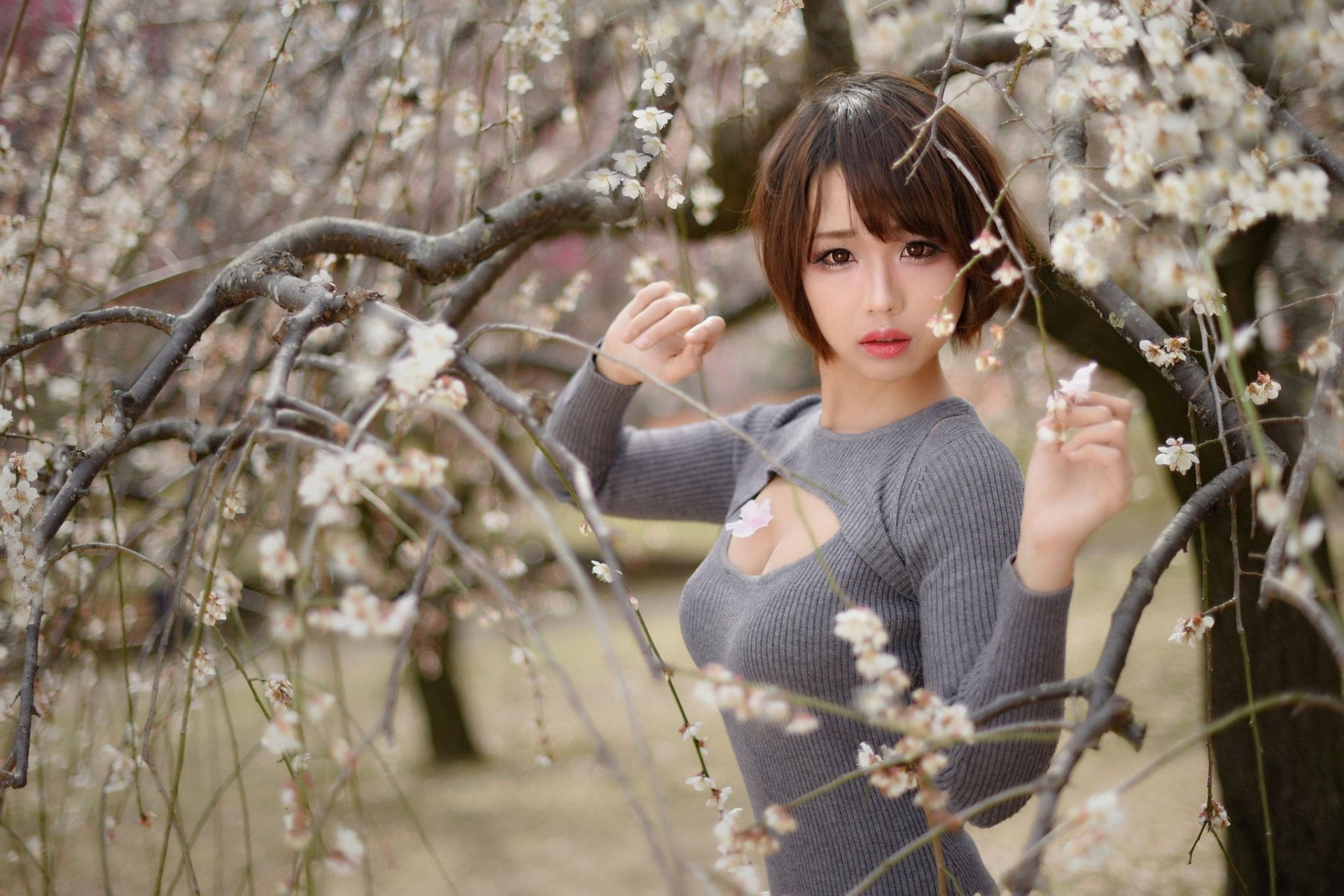 portrait, plant, Asian, beauty, Lipstick, nature, tree, bangs, contemplation, waist up, looking at camera, Spring, young adult, front view, young women, HD Wallpaper