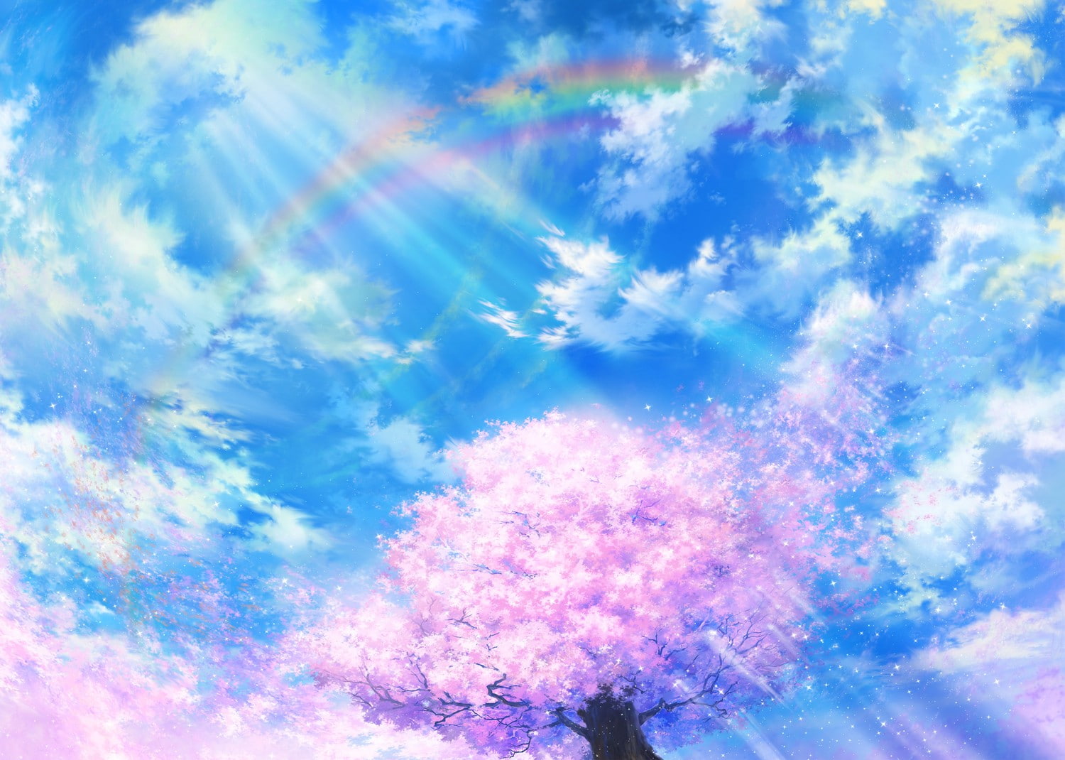 sun rays, 720P, sky, clouds, cherry blossom, rainbows, HD Wallpaper