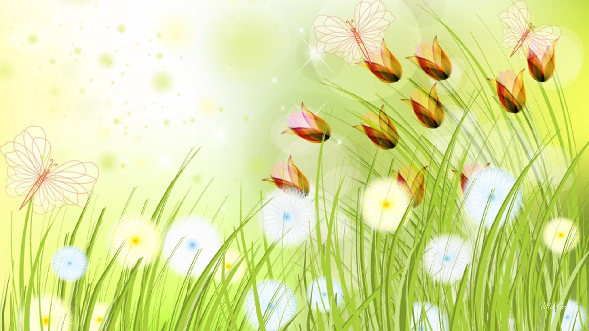 artistic, floral, deep, flowers, grass, 1080P, weeds, green, spring, glow, butterflies, dandelions, nature, plant, summe, illustration, white, HD Wallpaper