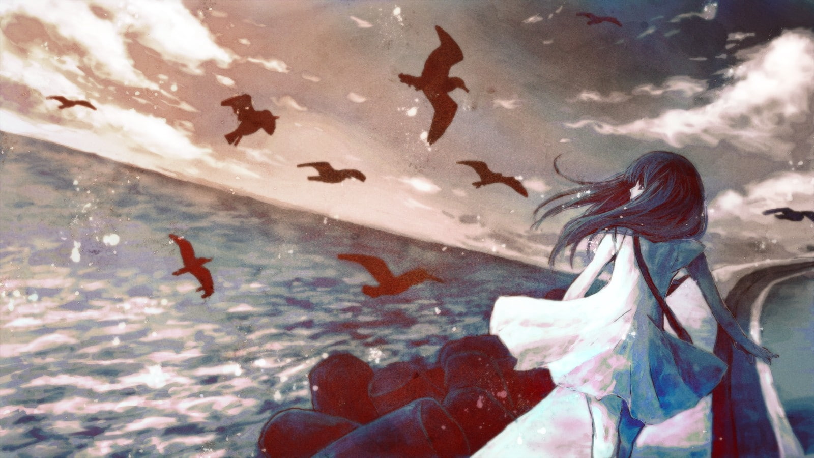 anime, hd, art, 720P, dress, birds, water, girls, white, black, long, Clouds, landscapes, scenic, wind, animals, hair, summe, HD Wallpaper