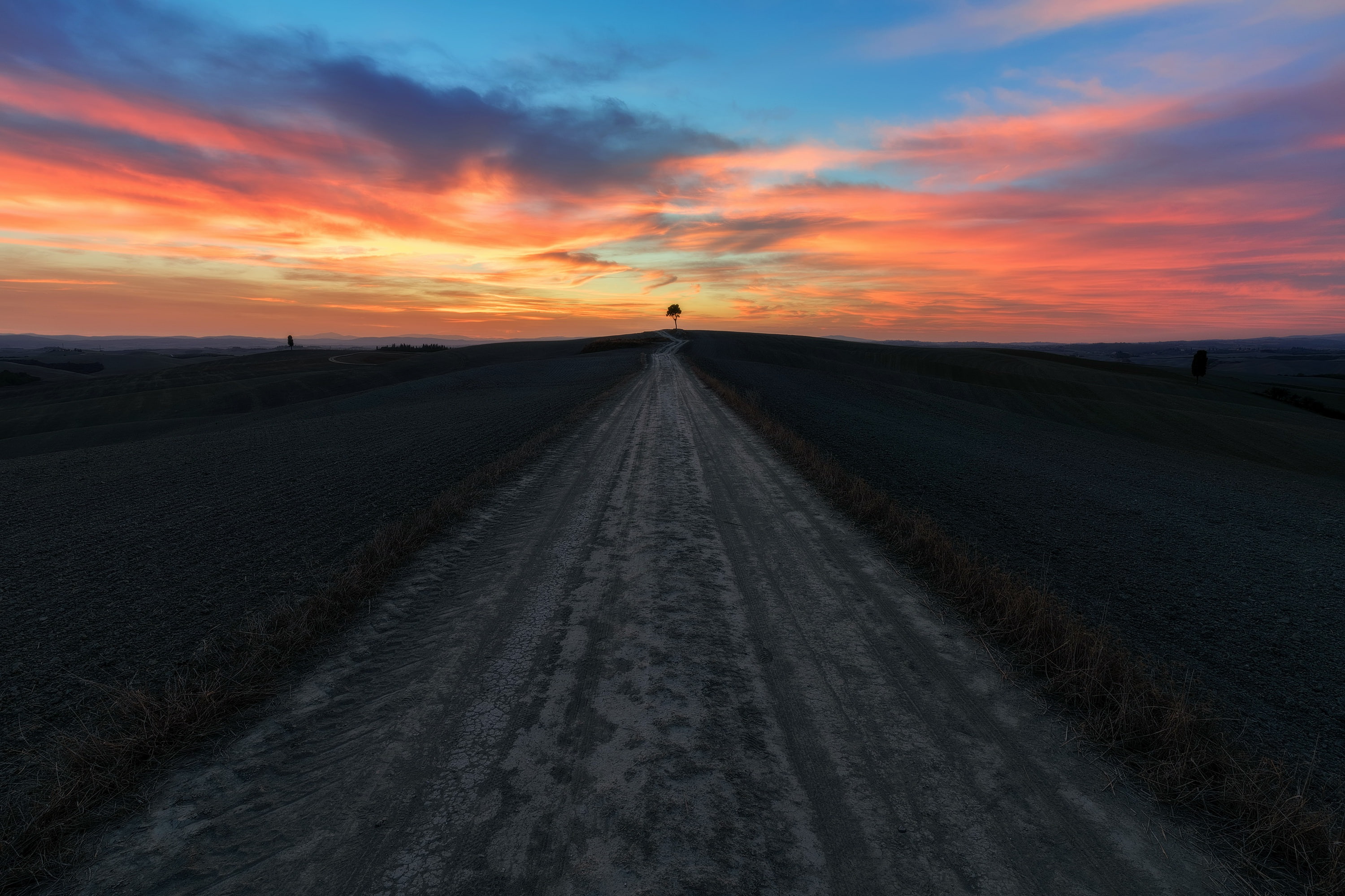 orange color, blue, cloud - sky, sunlight, dark, dirt road, beauty in nature, sky, road, landscape, sunset, 2K, nature, the way forward, scenics - nature, HD Wallpaper