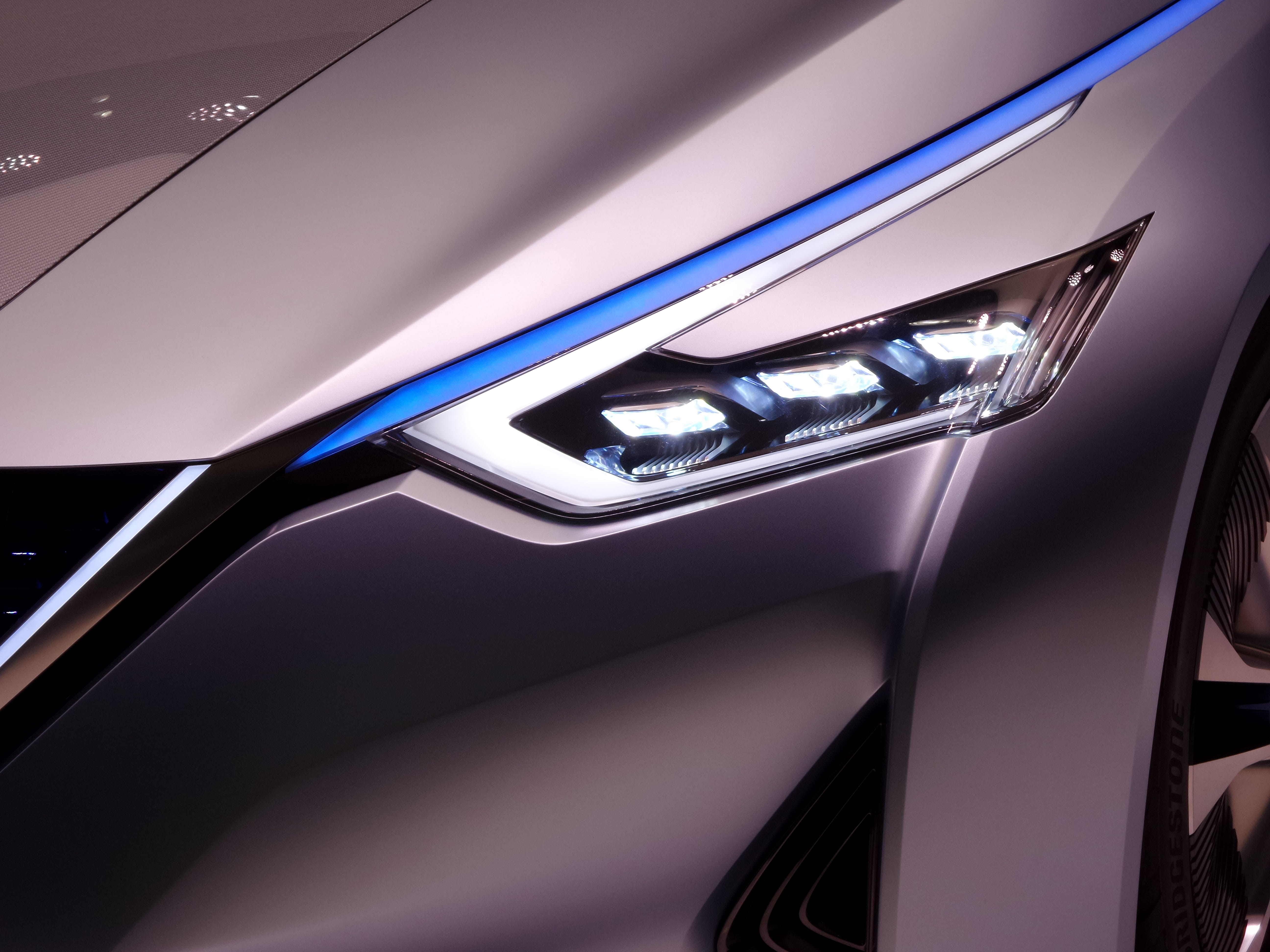 transportation system, car, shiny, light, night, contemporary, illuminated, gray, modern, sign, futuristic, electricity, photography, bumper, close, neon, HD Wallpaper