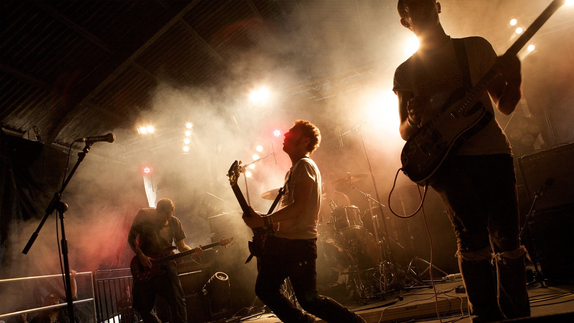 Smoke, illuminated, performance group, electric guitar, guitar, performing arts event, people, music festival, lighting equipment, musician, string instrument, HD Wallpaper