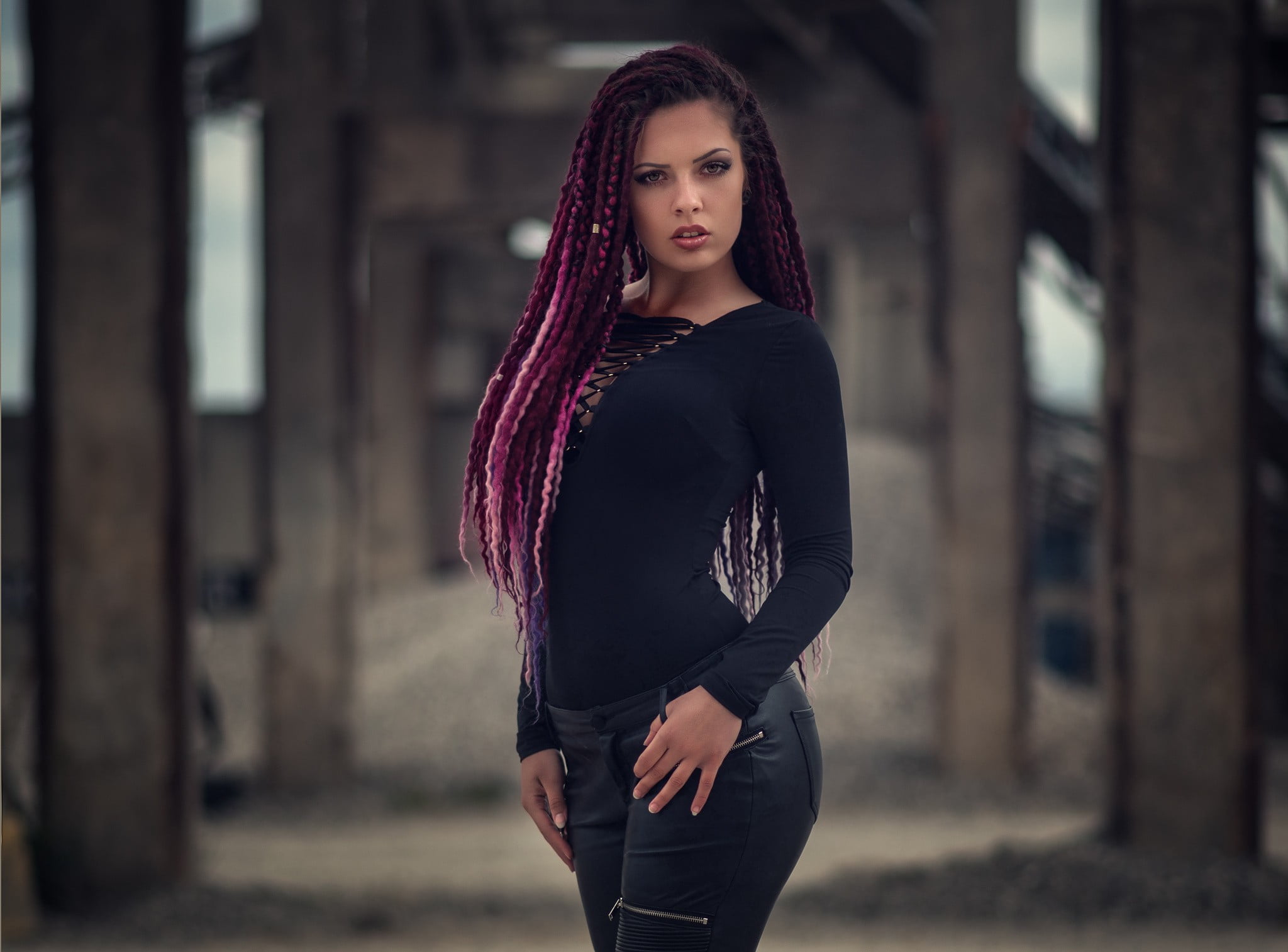 front view, standing, three quarter length, real people, hair, built structure, lifestyles, one person, beautiful woman, long hair, 1080P, adult, outdoors, HD Wallpaper
