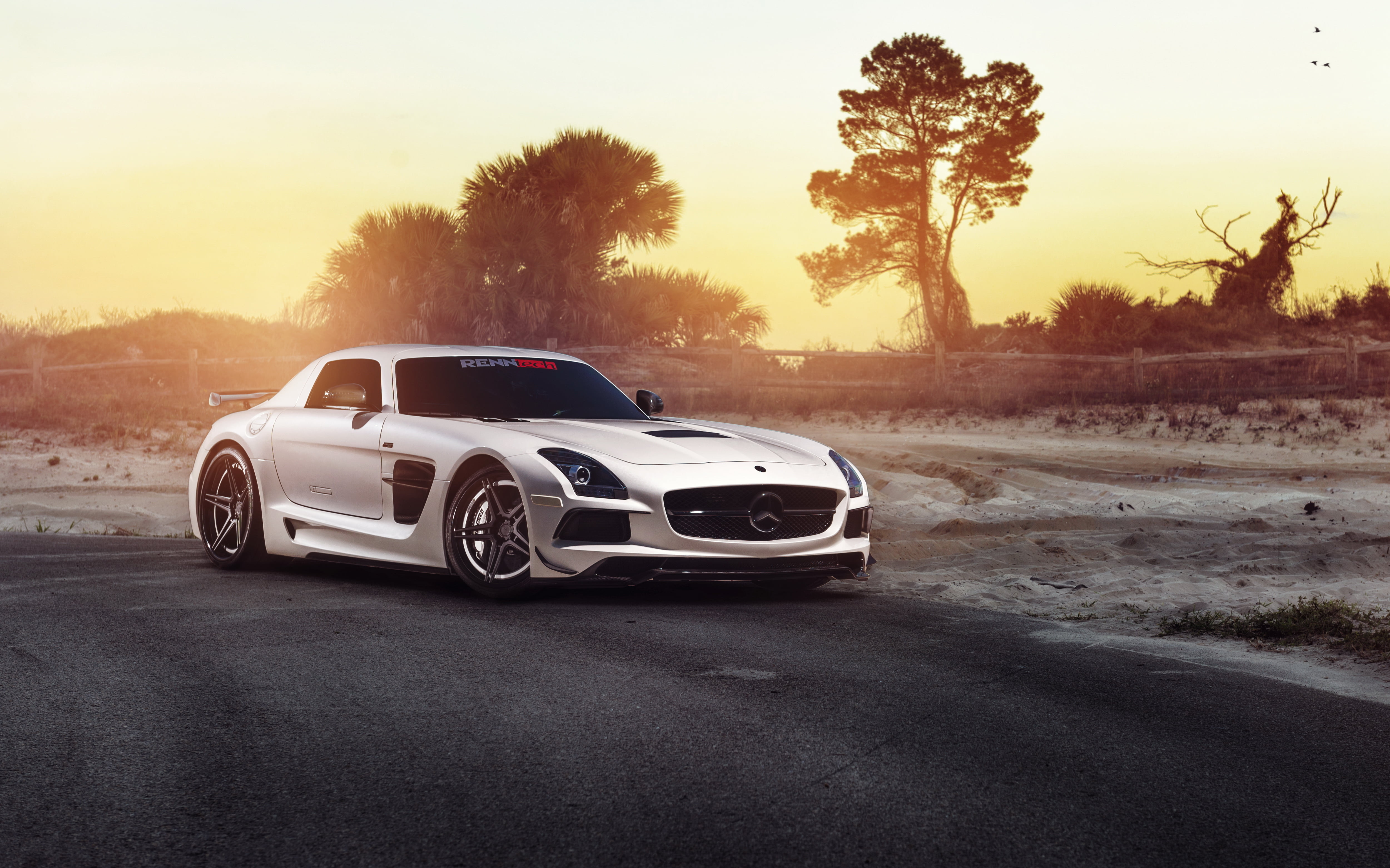 tuning, sky, outdoors, luxury, benz, travel, Mercedes SLS, plant, Black Series, tree, motion, stationary, sunset, road, Mercedes, no people, motor vehicle, HD Wallpaper