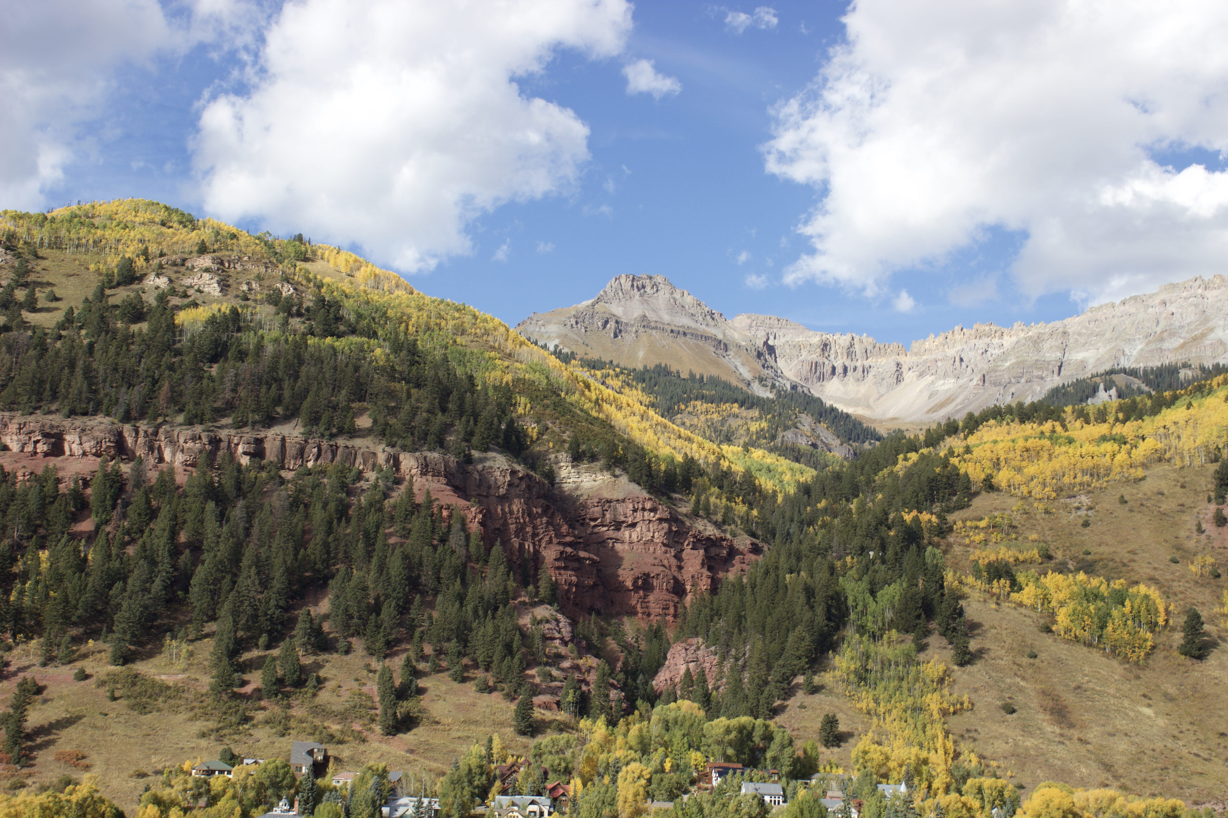 fall, coniferous tree, tree, tranquil scene, cloud - sky, remote, landscape, land, sky, day, tranquility, nature, non-urban scene, mountain range, colorado, HD Wallpaper