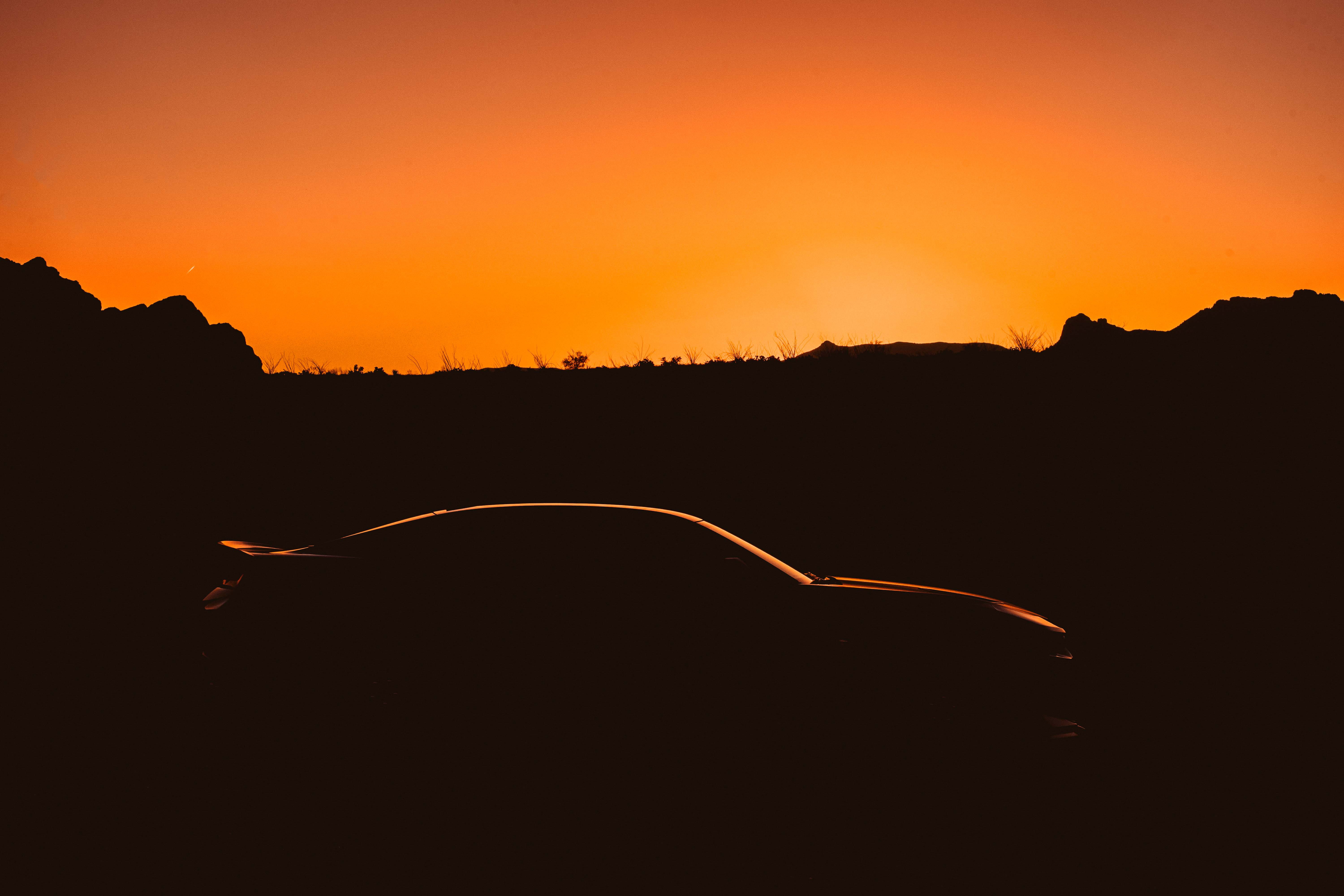 sky, light, scenics - nature, silhouette, 5K, road, outdoors, automotive, landscape, flare, no people, orange, transportation, sunlight, desert, environment, HD Wallpaper