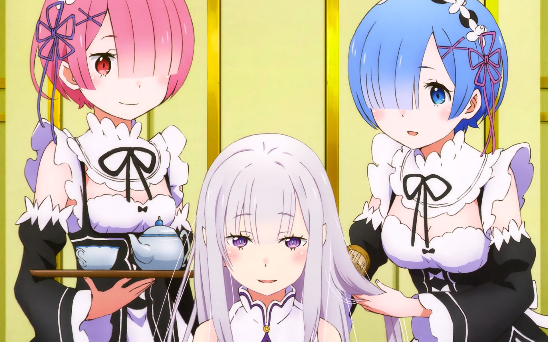 1080P, Ram (Re:ZERO), white, Re:ZERO -Starting Life in Another World-, Emilia (Re:ZERO), Anime, Re:Zero, character, black, dresses, wearing, HD Wallpaper