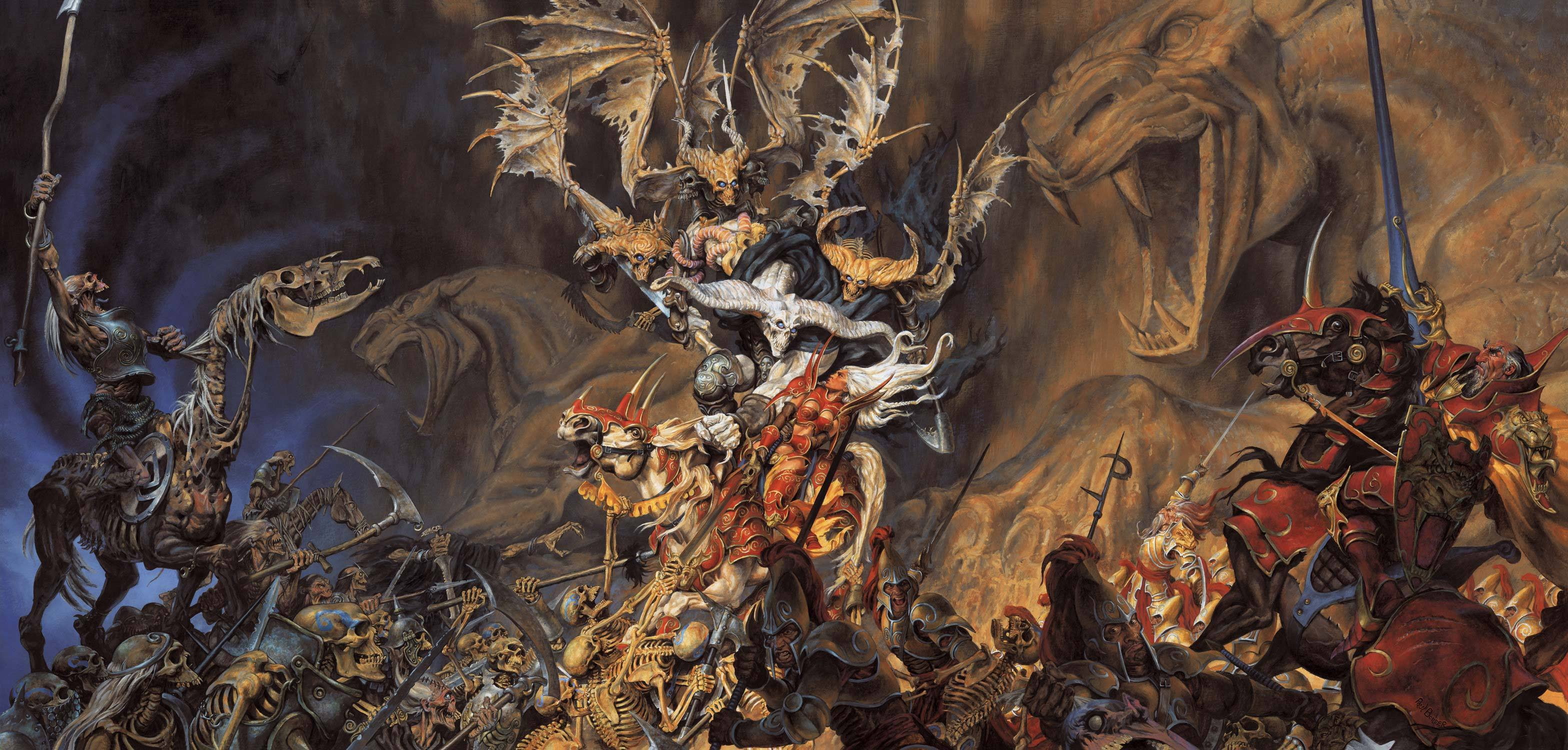 Dark, skulls, fantasy, skeleton, Evil, battle, horror, art, weapons, 2K, demons, sword, warriors, HD Wallpaper