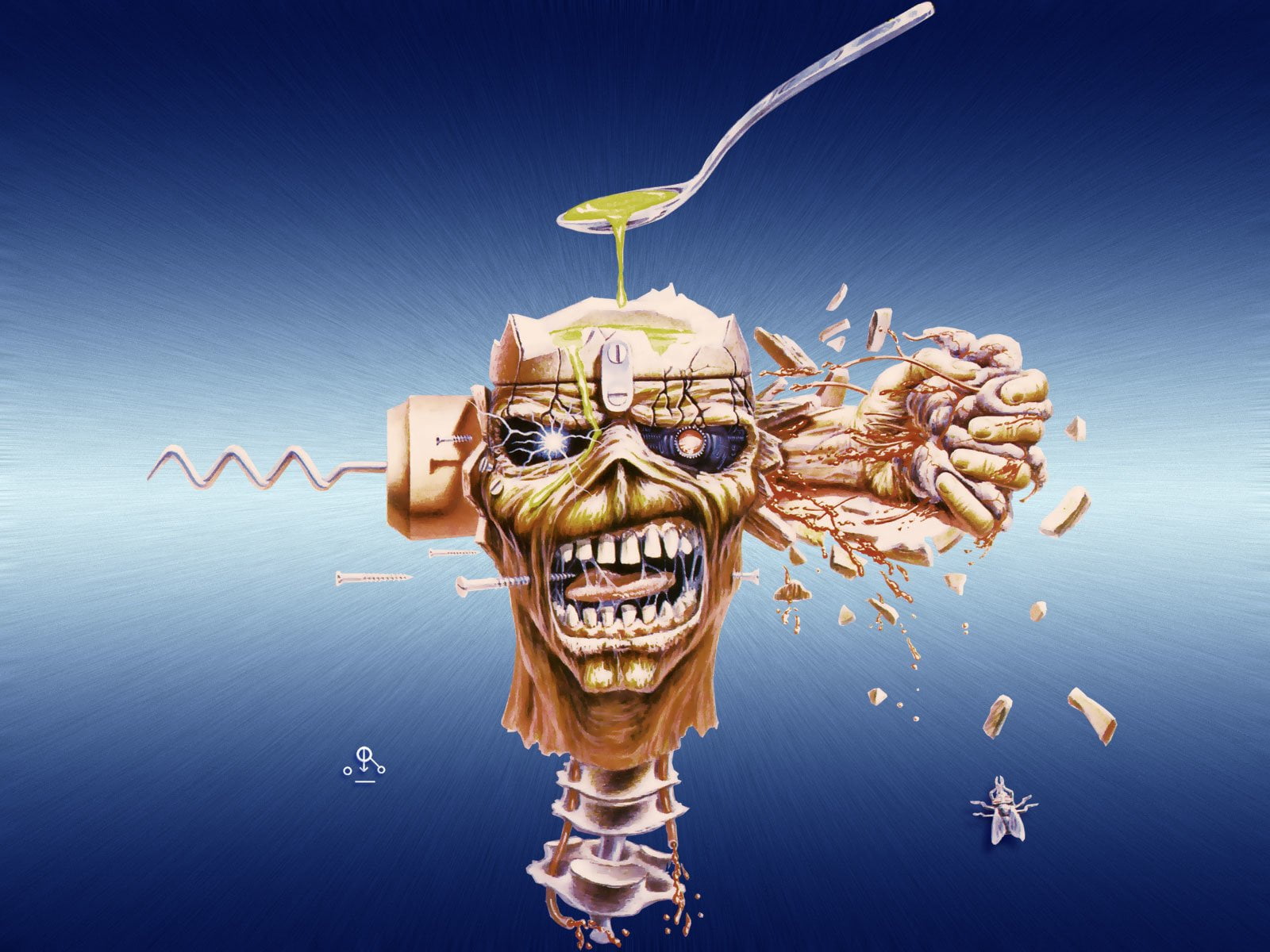 indoors, text, representation, bone, Iron Maiden, close-up, human body part, blue background, fictional, digital composite, art and craft, Band (Music), HD Wallpaper