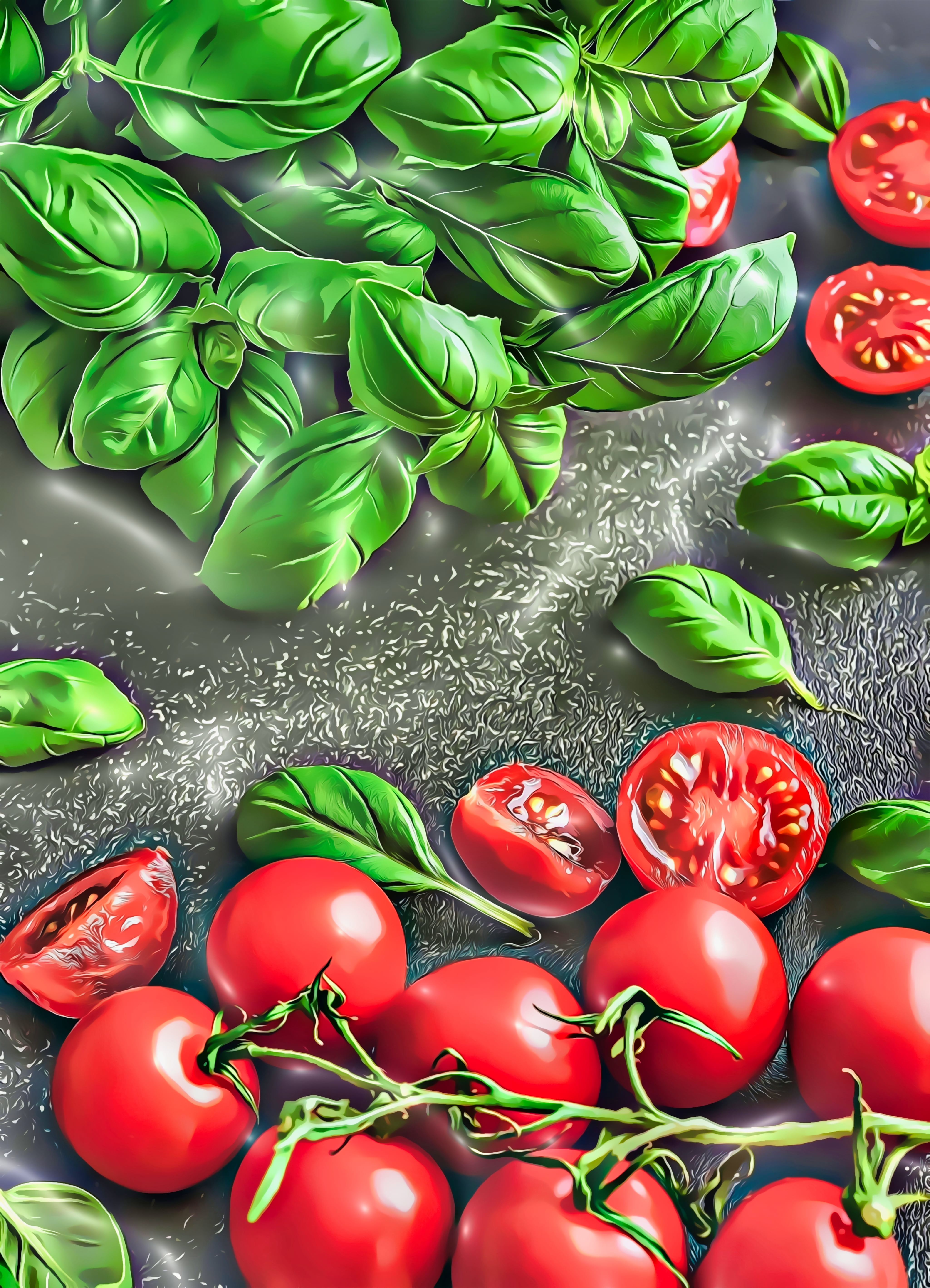 basil, illustration, digital art, painting, leaves, artwork, herb, tomatoes, plants, garden, still life, 5K, food, nature, Phone HD Wallpaper