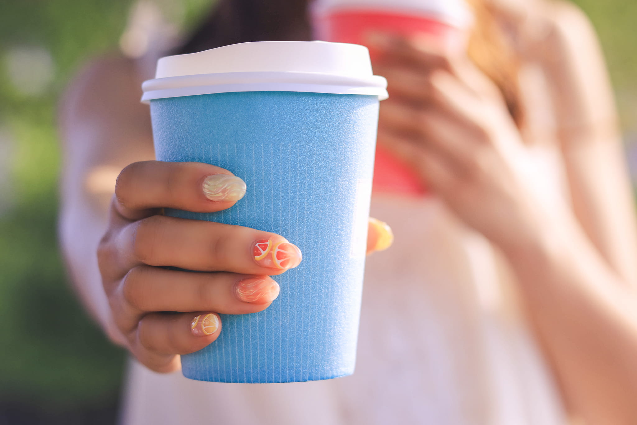 blue, close-up, focus on foreground, refreshment, take Out Food, one Person, tea - Hot Drink, holding, human body part, coffee - Drink, outdoors, cup, nail polish, HD Wallpaper