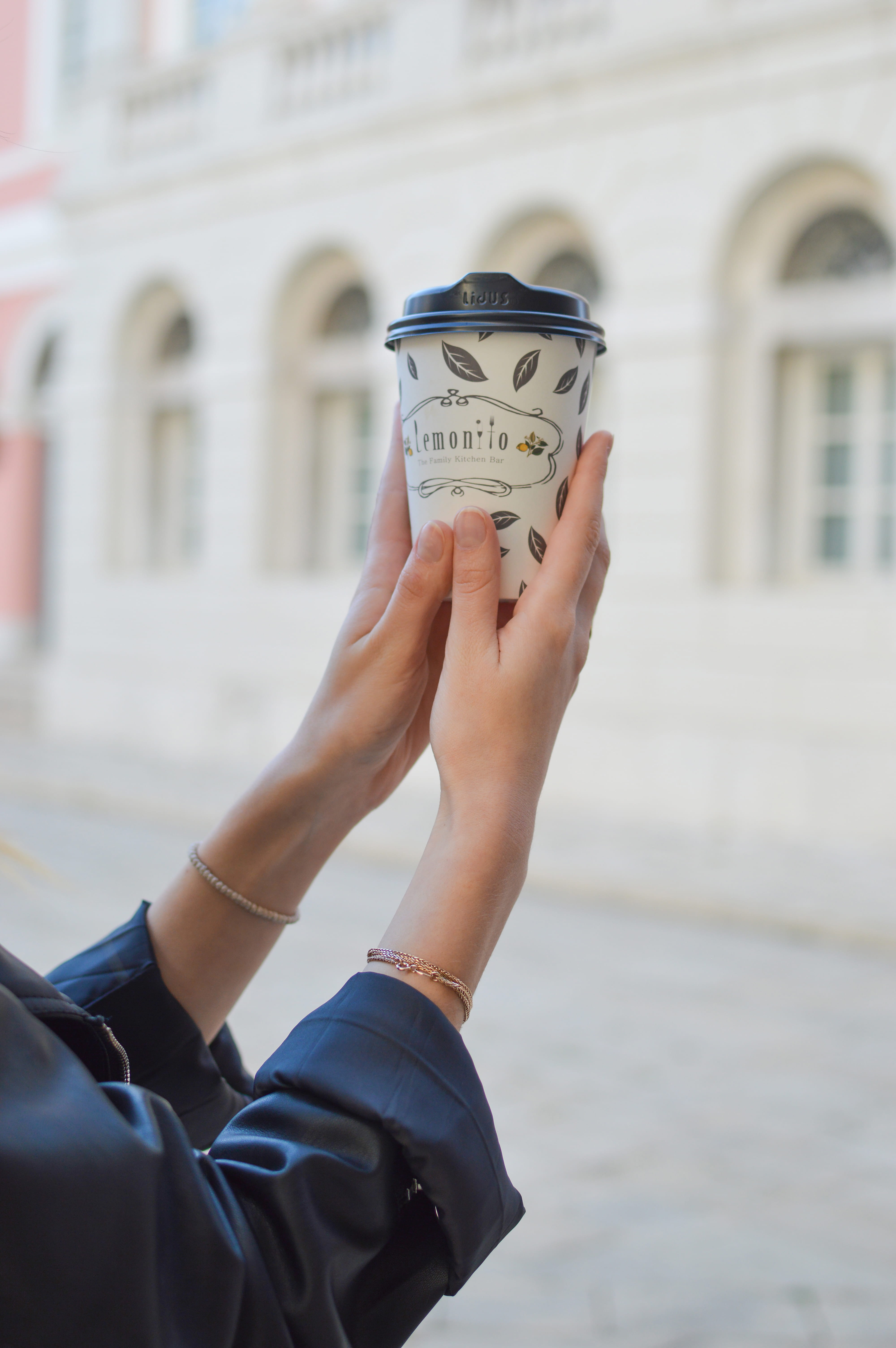 dress, finger, day, text, drink, architectural column, women, cup, lid, 5K, black, built structure, holding, disposable cup, communication, people, city, Phone HD Wallpaper