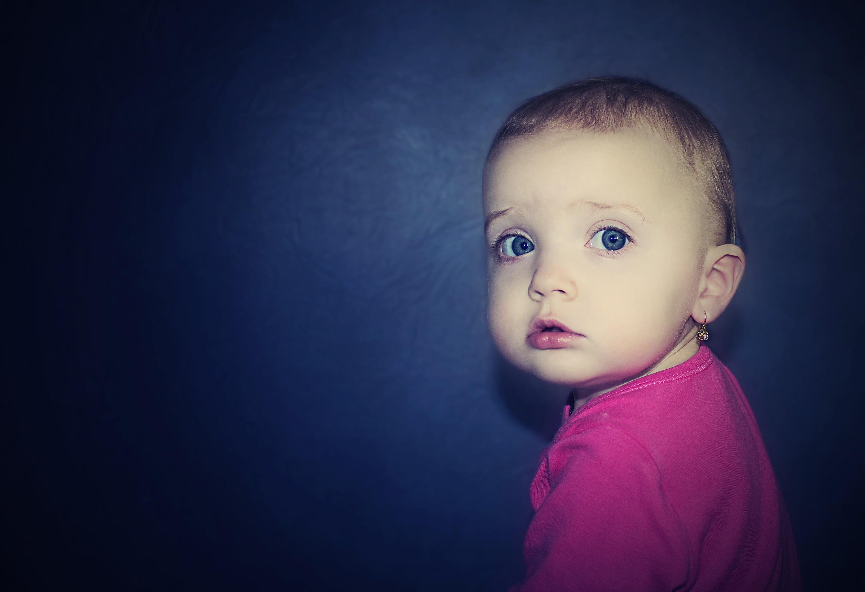 sweet, indoors, babyhood, front view, children, pink, young, contemplation, top, beauty, toddler, portrait, small, girl, life, happy, looking, child, face, HD Wallpaper