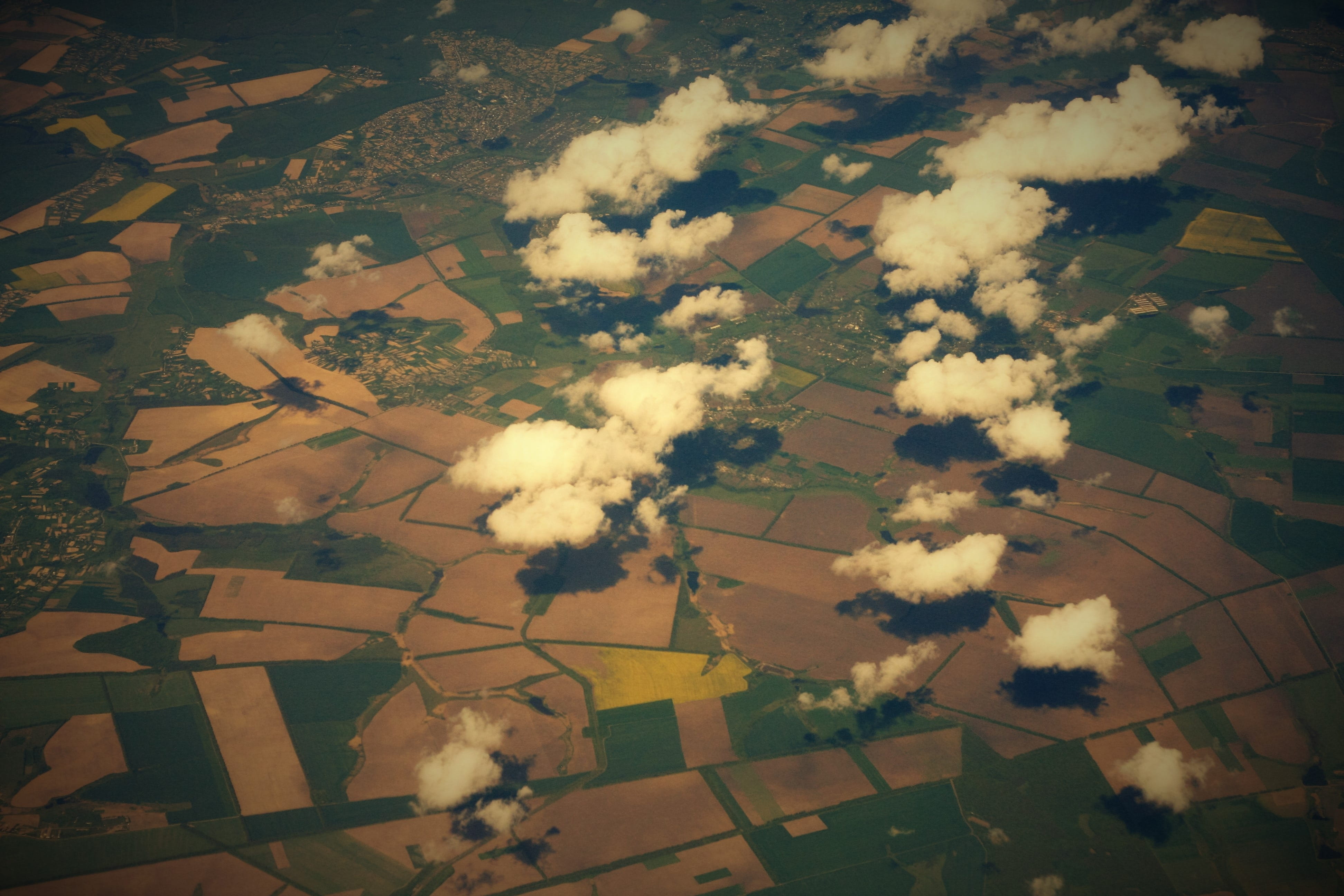 Cloud, patchwork landscape, green field, tranquil scene, tranquility, Land, nature, scenics - nature, pollution, countryside, rural scene, Plane, meadow, HD Wallpaper