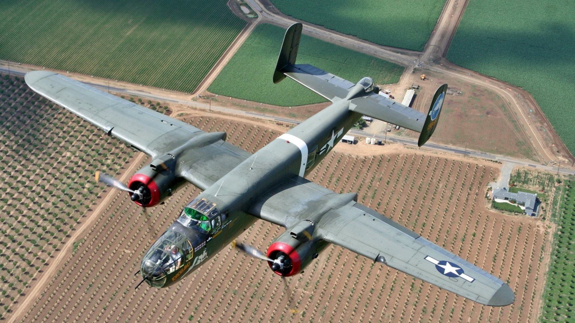 plane, flying, nature, 1080P, transportation, high angle view, outdoors, agriculture, military, no people, field, aerial view, on the move, North American B-25 Mitchell, HD Wallpaper