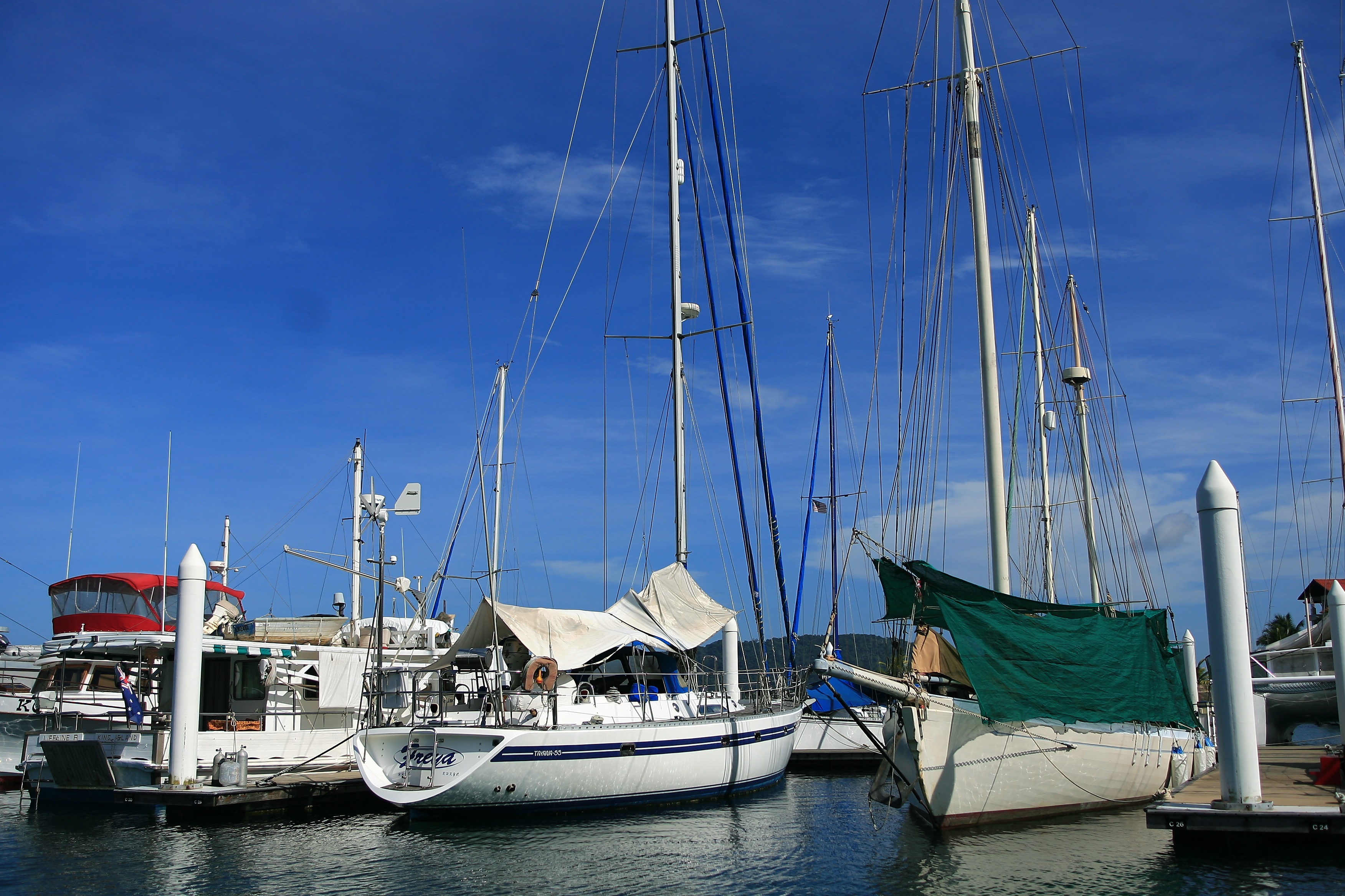water, sky, harbor, mode of transportation, boat, pole, kota kinabalu, outdoors, day, nature, port, mast, reflection, marina, waterfront, times, yacht, HD Wallpaper