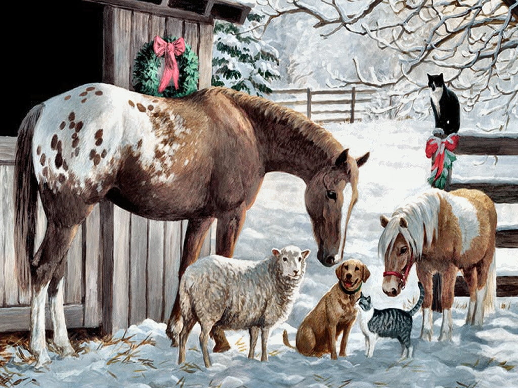 cats, 480P, animals, dog, art, horse, hd, horses, Christmas, friends, artwork, farm, pony, HD Wallpaper