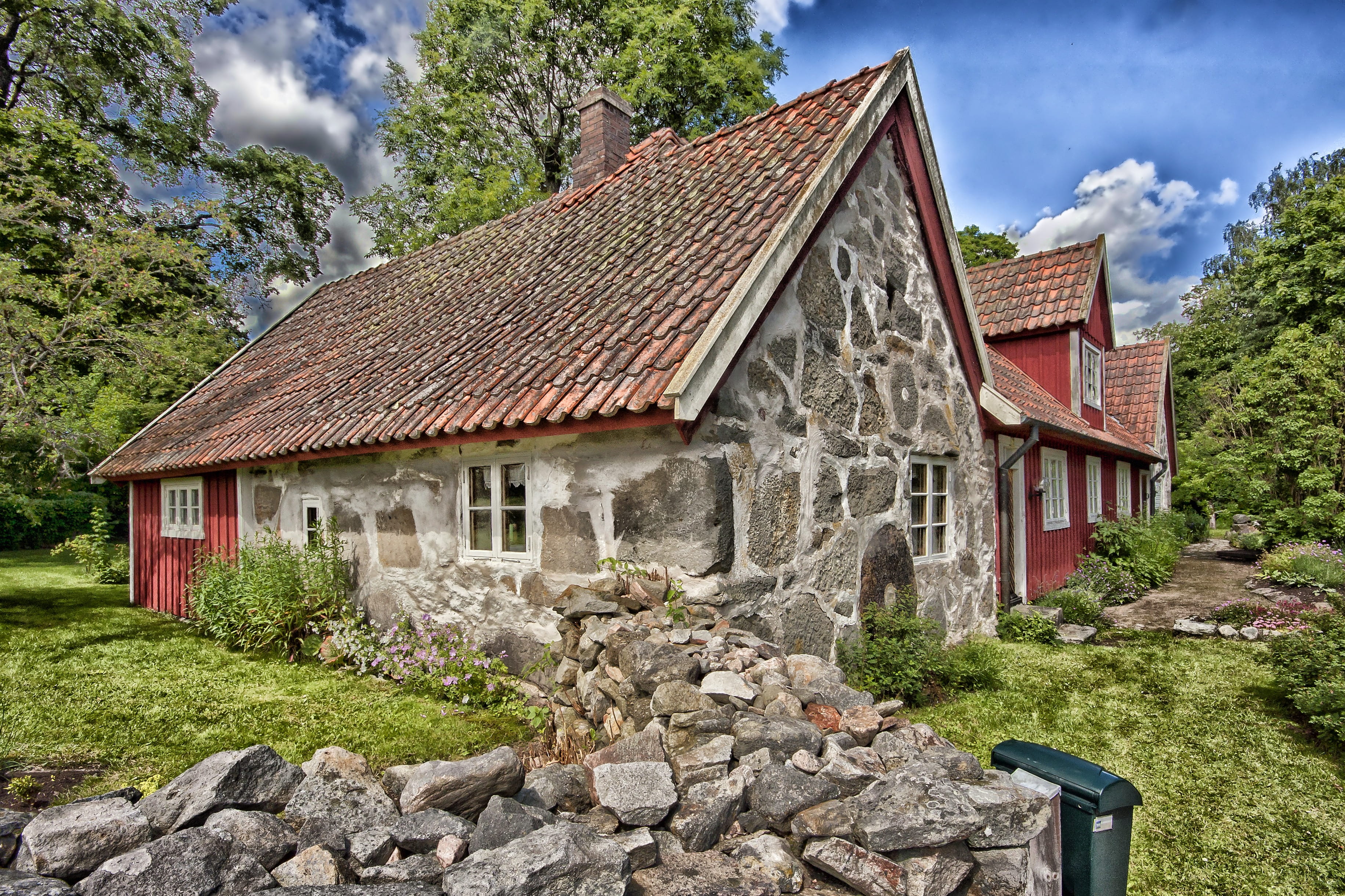 stones, trees, home, cloud - sky, outside, spring, house, architecture, building exterior, rock, cottage, plant, summer, roof, stone material, solid, day, HD Wallpaper
