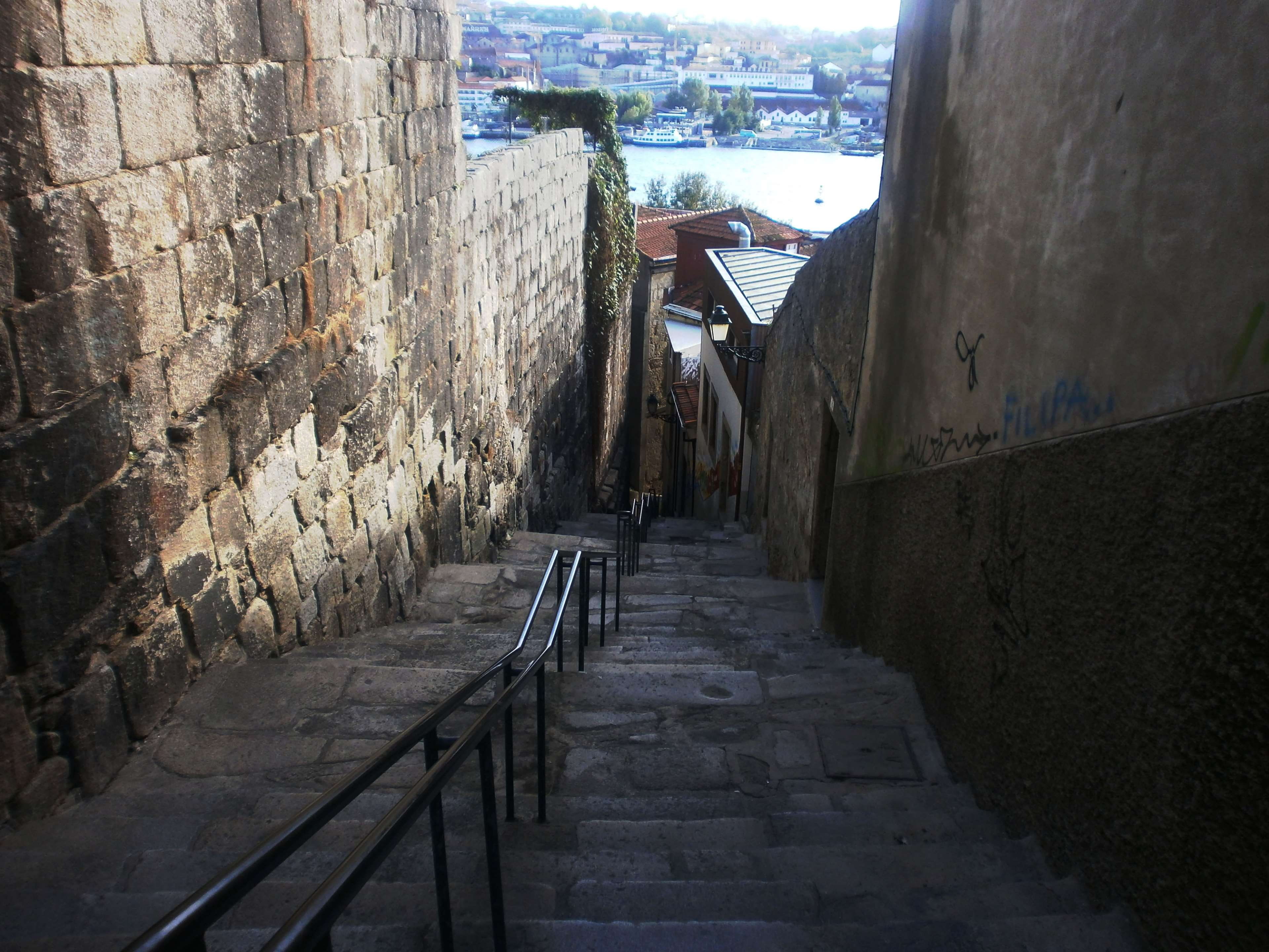 portuguese, narrow, stone wall, alley, building, water, built structure, city, portugal, steps and staircases, direction, day, the way forward, wall - building feature, HD Wallpaper