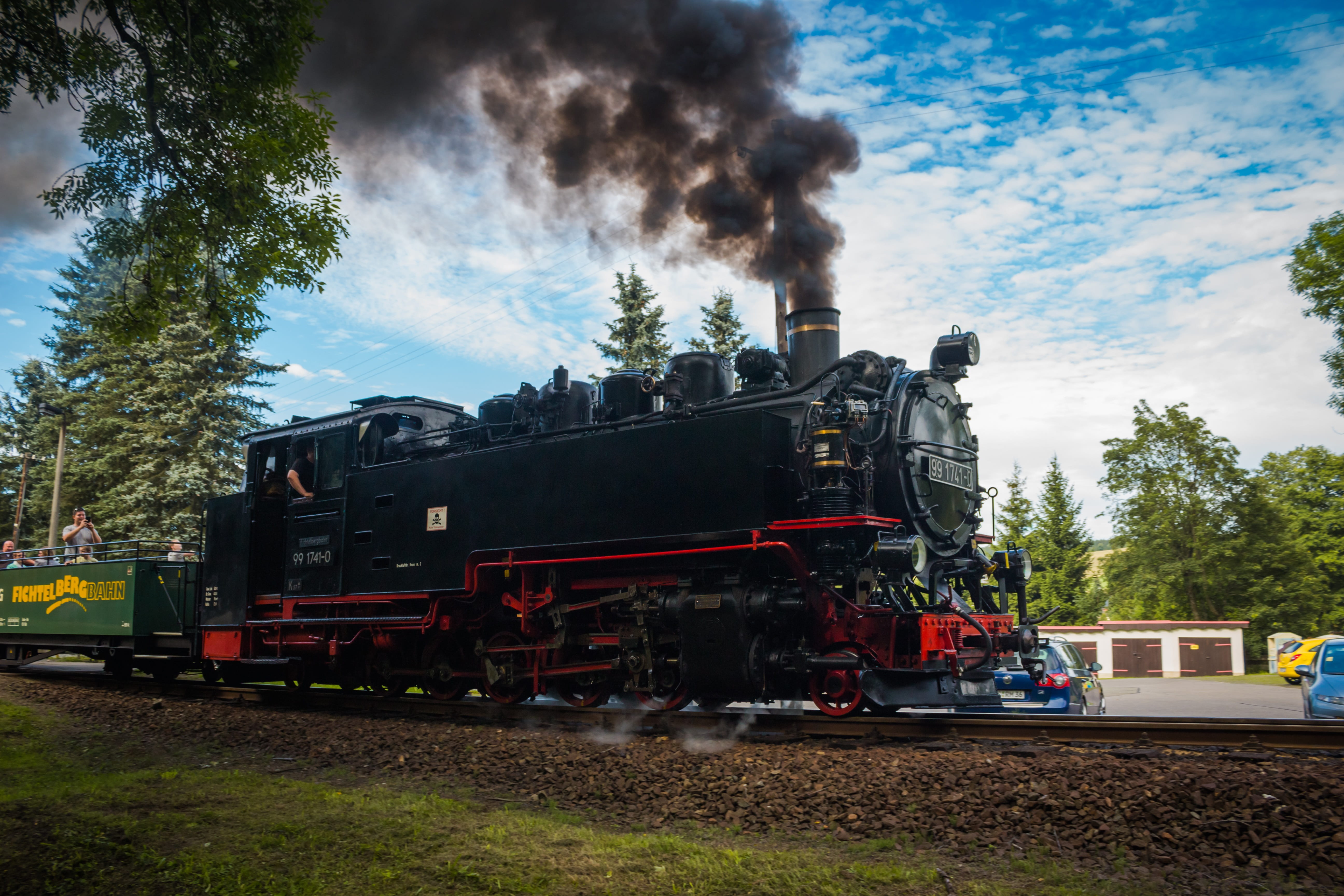 railroad tracks, summer, no people, germany, fichtelbergbahn, railway, pollution, day, tree, transportation, smoke, nature, plant, machine, sky, motion, HD Wallpaper