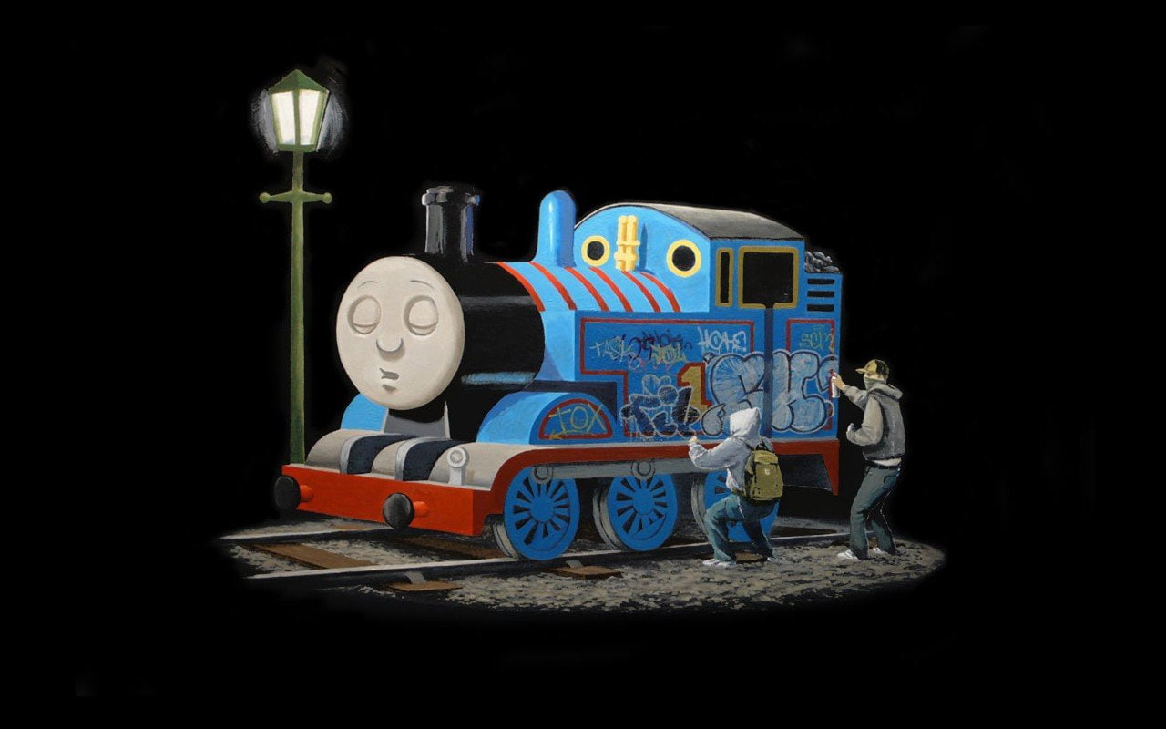 minimalism, Thomas The Tank Engine, Steam Locomotive, Train, humor, 720P, Graffiti, HD Wallpaper