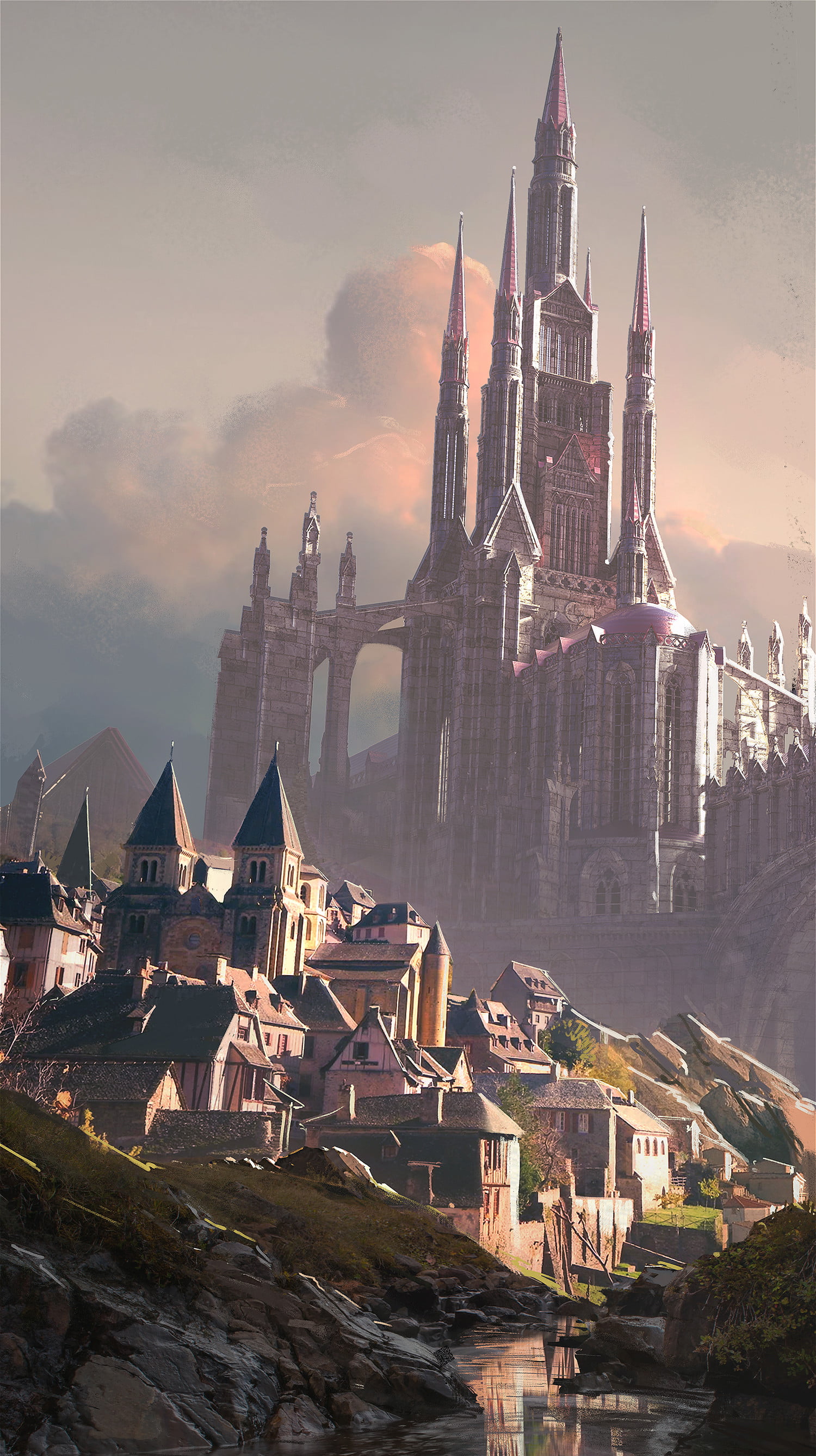 digital, fantasy art, castle, clouds, 2K, medieval, village, Phone HD Wallpaper