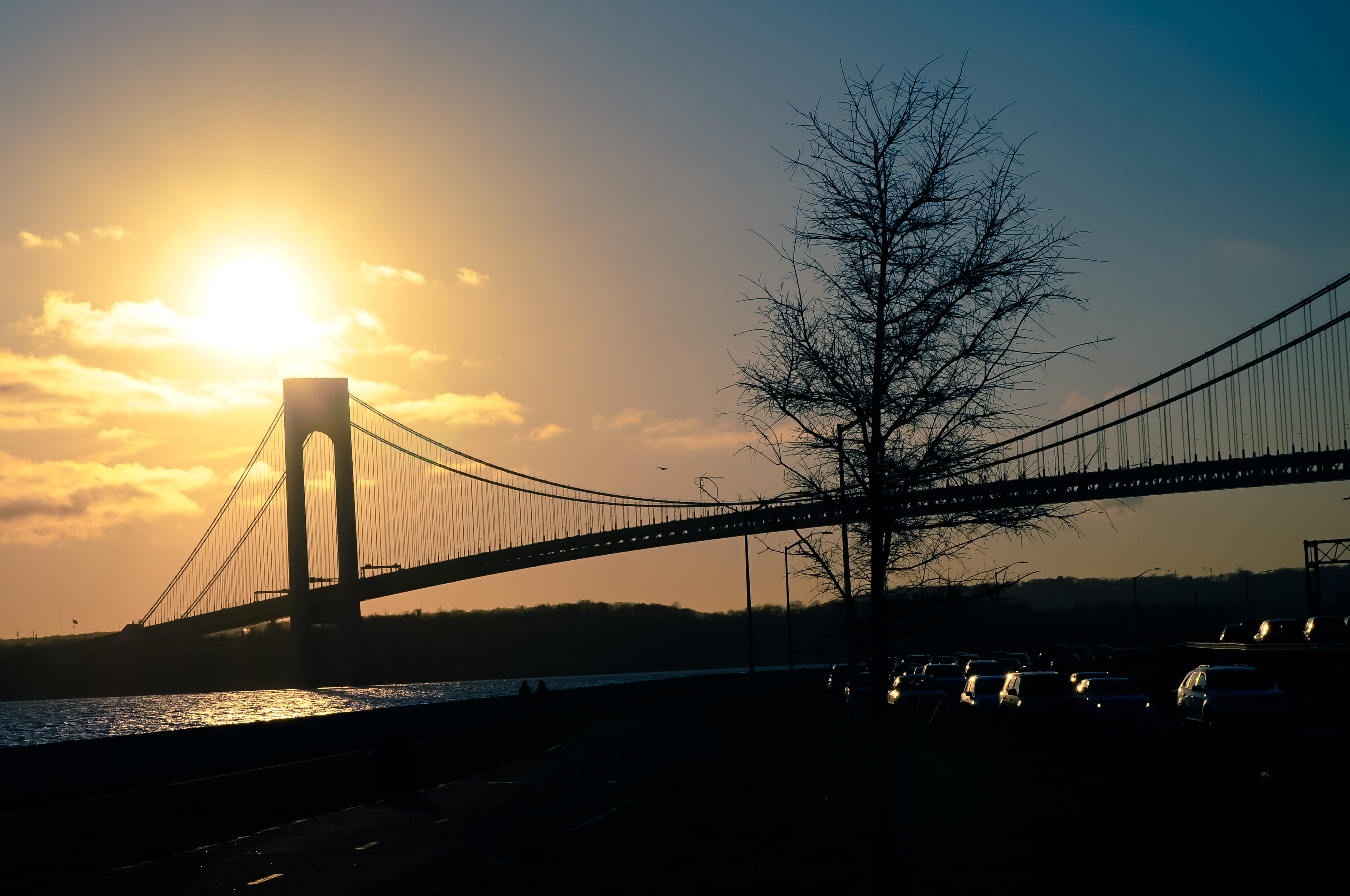 verrazano-narrows bridge, silhouette, sunset, nature, transportation, sun, tourism, united states, outdoors, bridge - man made structure, suspension bridge, HD Wallpaper