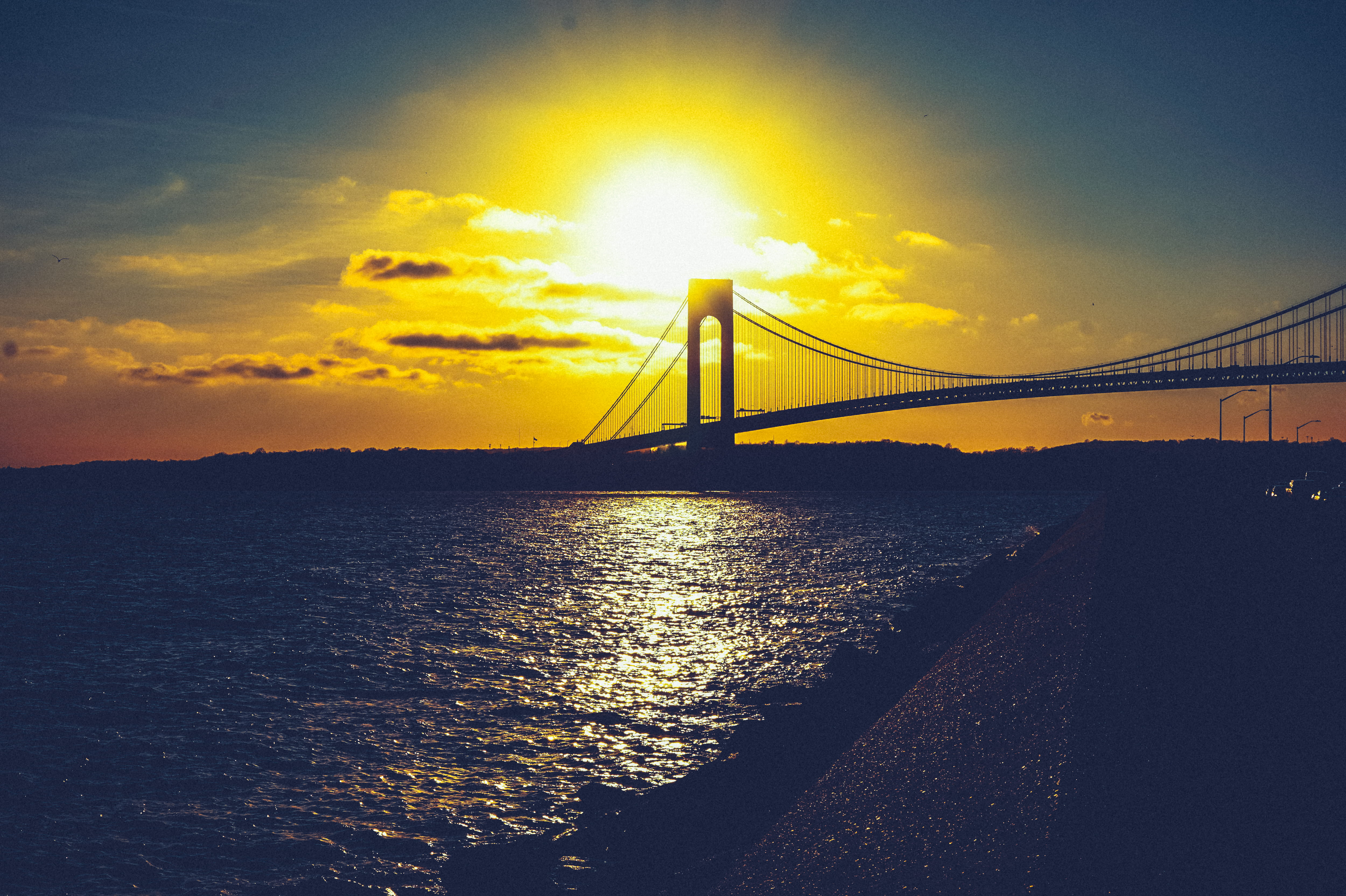 united states, sunset, cloud - sky, verrazano-narrows bridge, water, outdoors, transportation, 4K, nature, bright, sunlight, scenics - nature, suspension bridge, HD Wallpaper