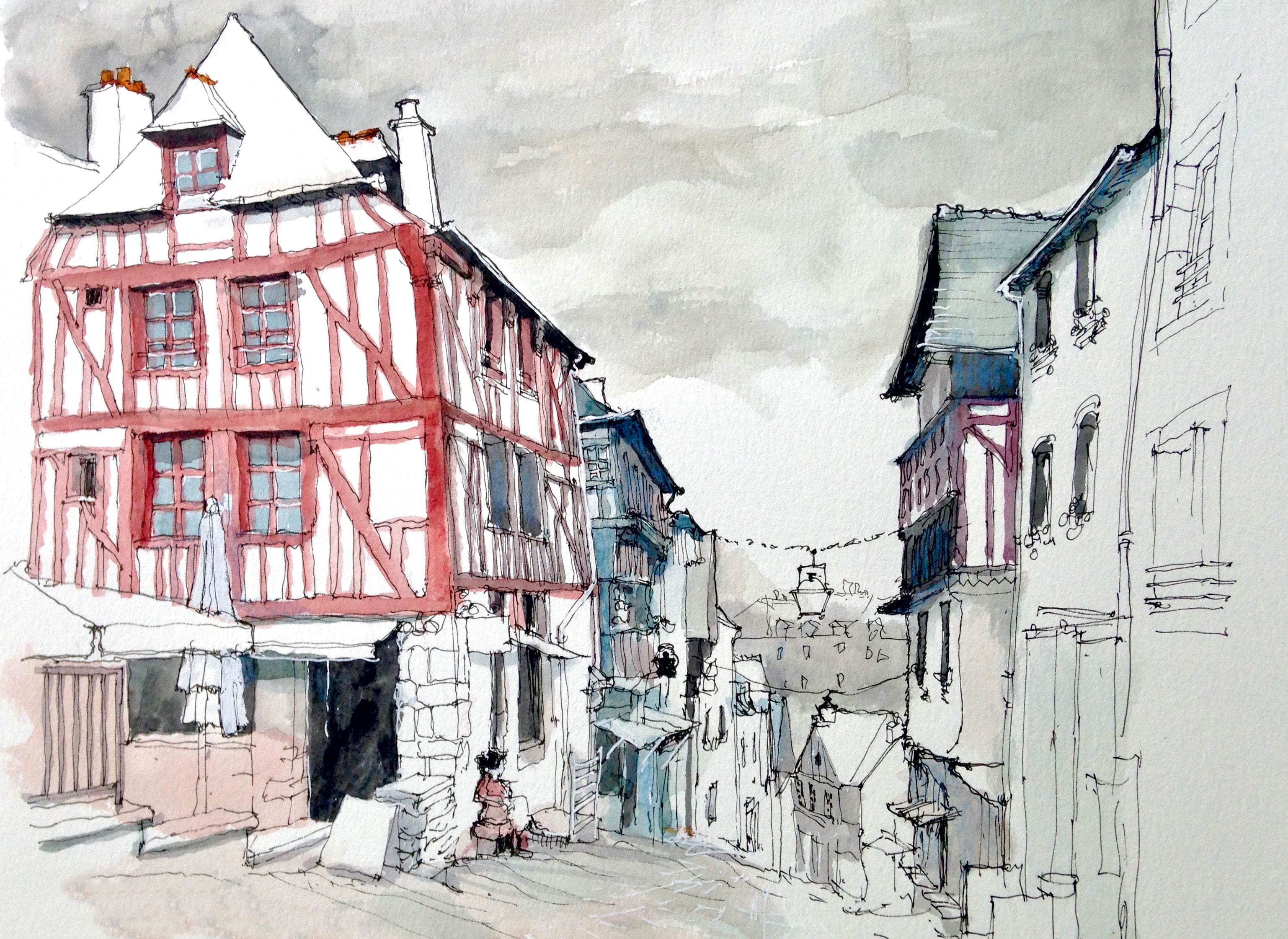 France, watercolor, street, the city, Dinan, figure, home, 2K, HD Wallpaper