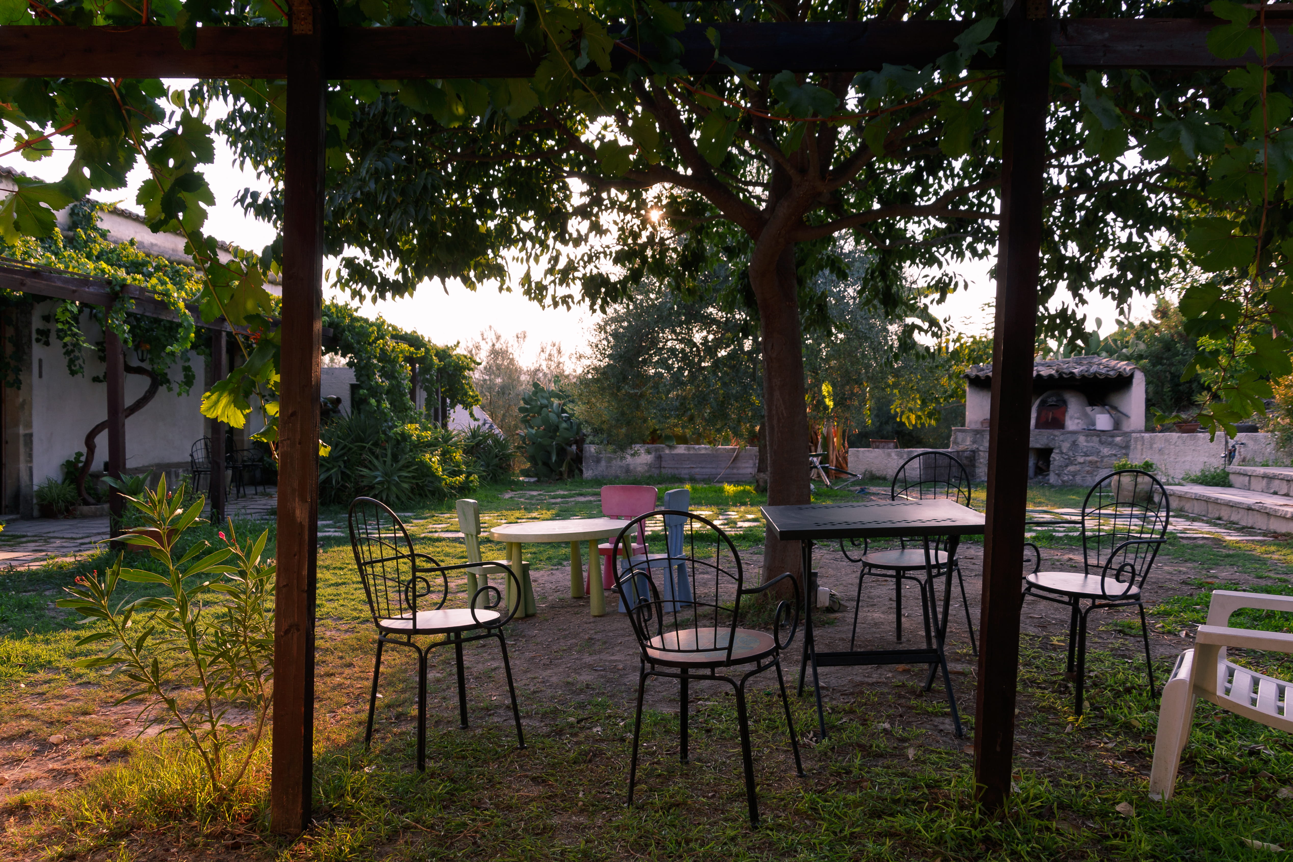 leaves, tree trunk, furniture, park, outdoors, absence, 4K, trees, sicily, empty, chair, no people, green color, plant, italy, country house, park - man made space, HD Wallpaper