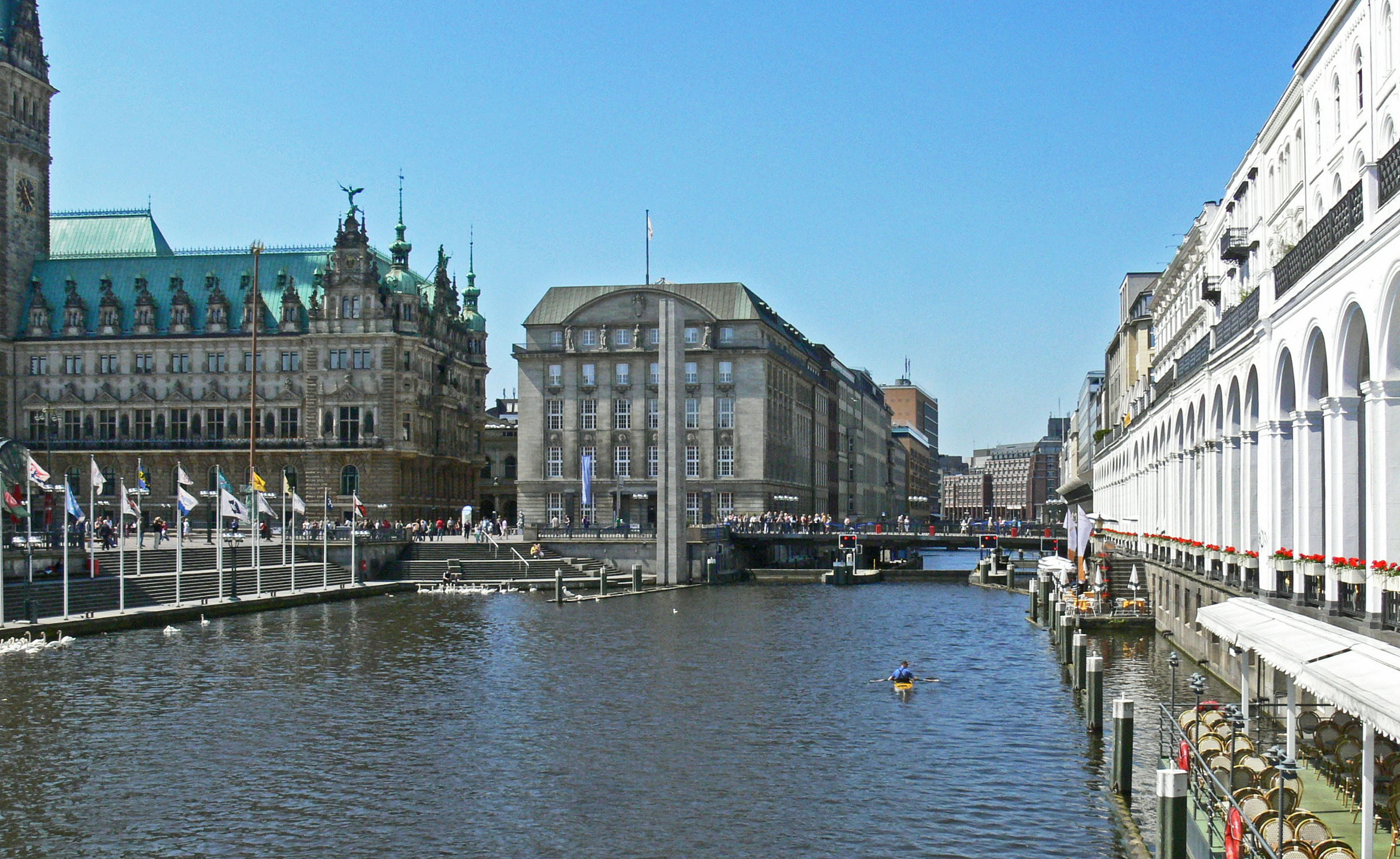 Terraces, water, architecture, travel destinations, building, outdoors, building exterior, alsterarkaden, mode of transportation, stadtmitte, transportation, HD Wallpaper