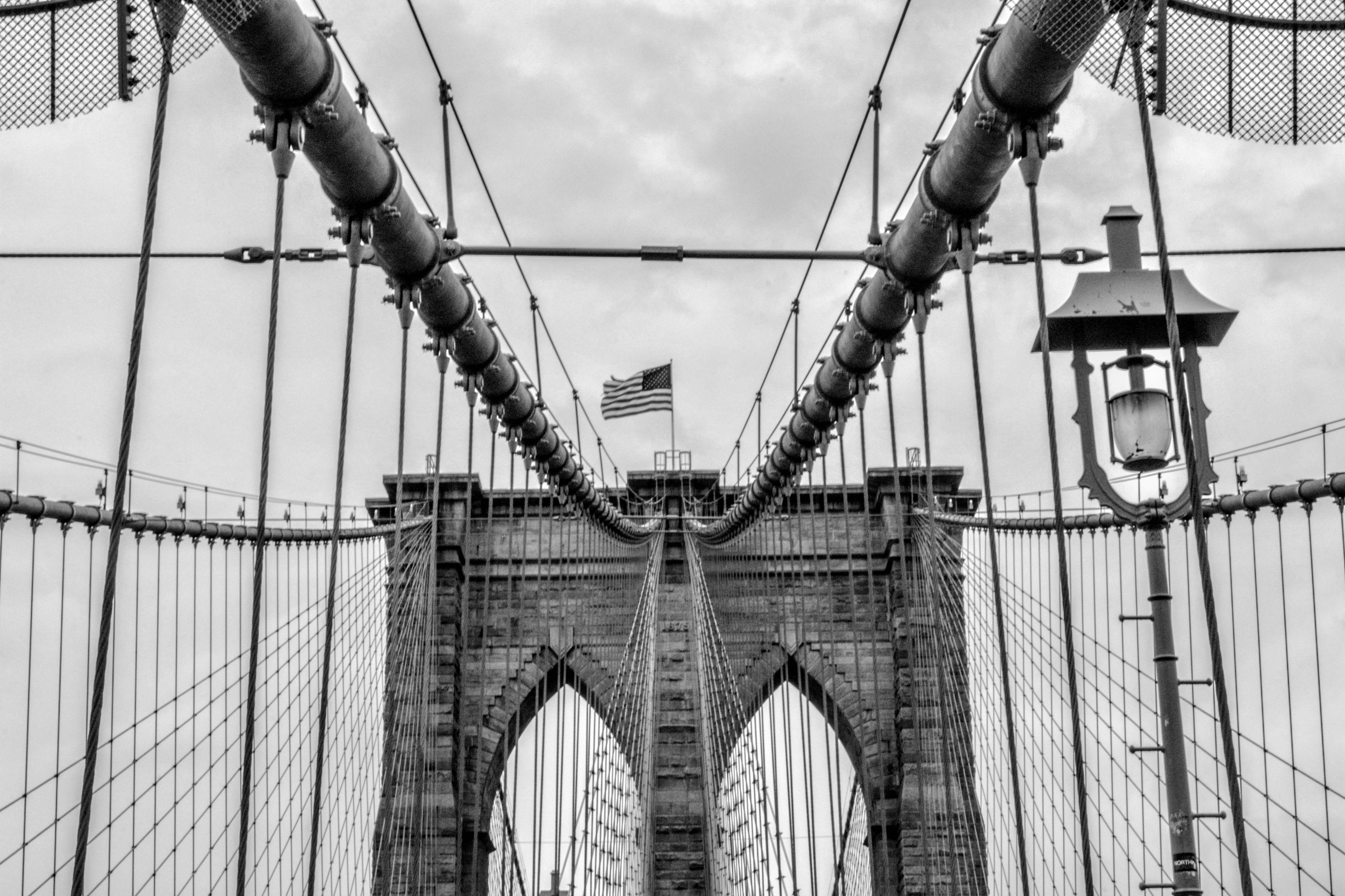 steel cable, day, suspension bridge, bridge - man made structure, brooklynbridge, outdoors, new york, newyork, ny, us, united states, contrast, connection, HD Wallpaper