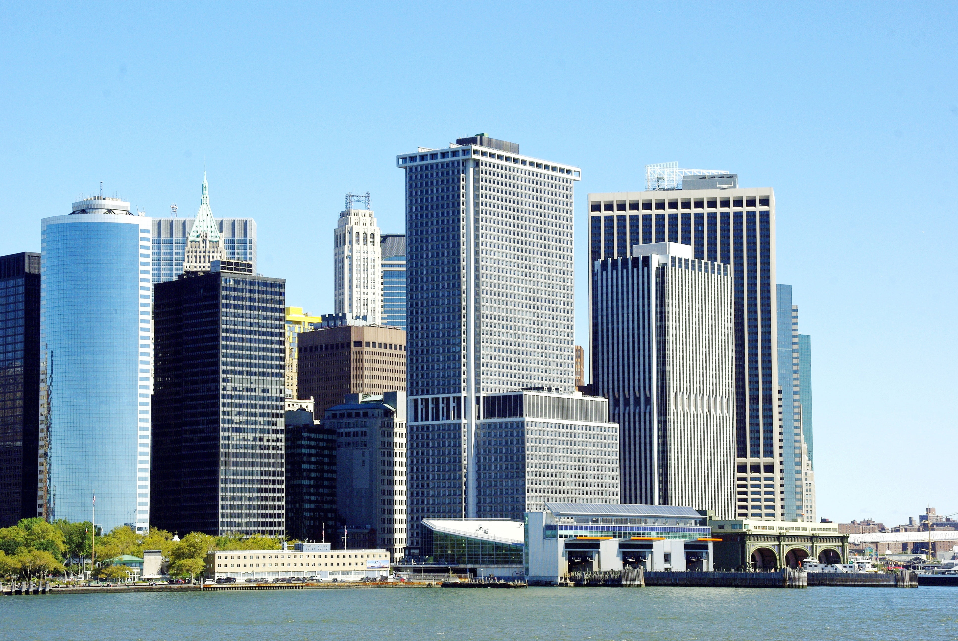 building, low manhattan, cityscape, sky, perspective, no people, business, rise, modern, nature, uSA, pier, clear sky, water, near, day, building Exterior, HD Wallpaper