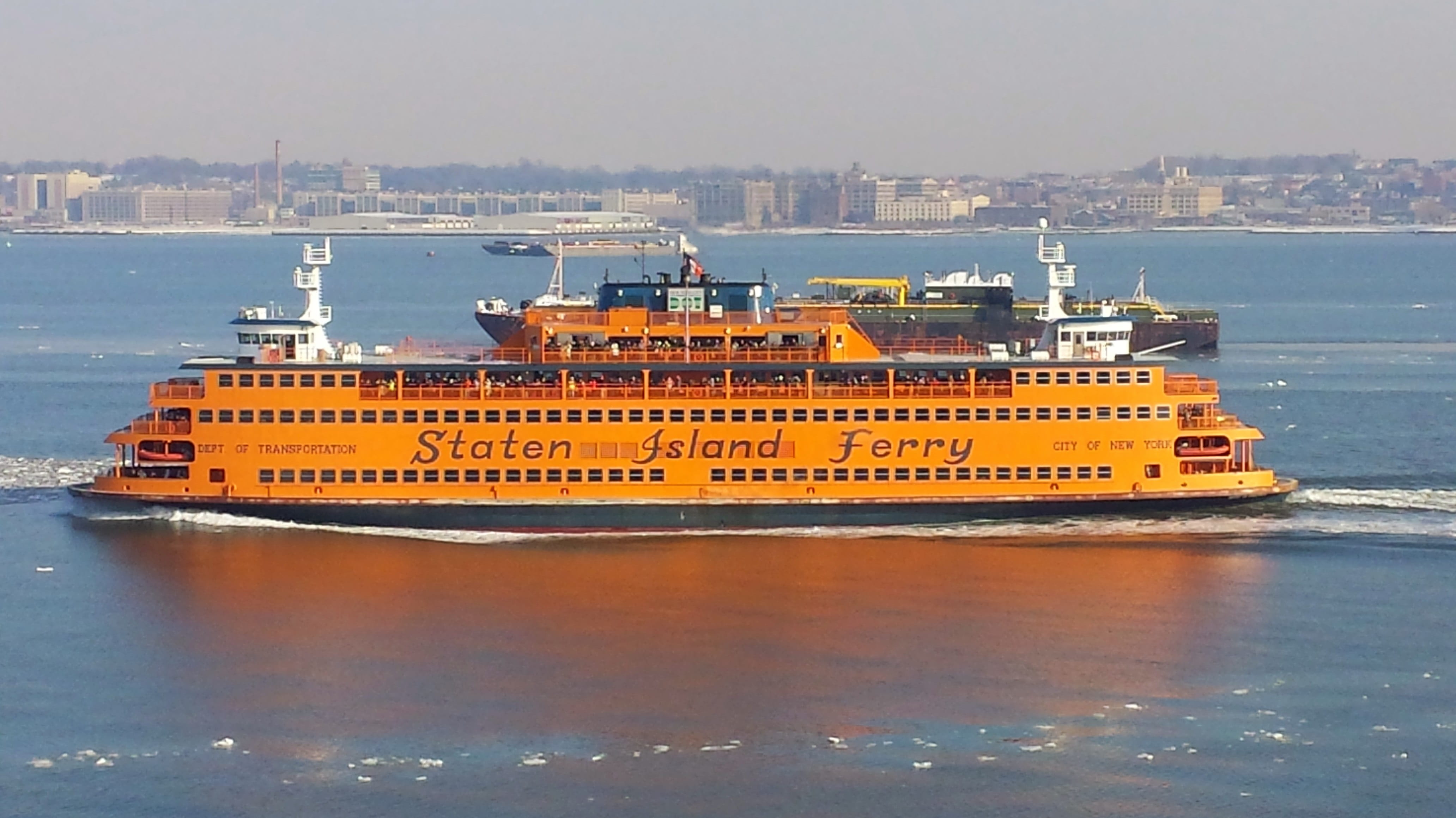 copy space, craft, nautical vessel, manhattan, 4K, no people, built structure, ferry, city, building exterior, sea, travel, cityscape, staten, mode of transportation, HD Wallpaper