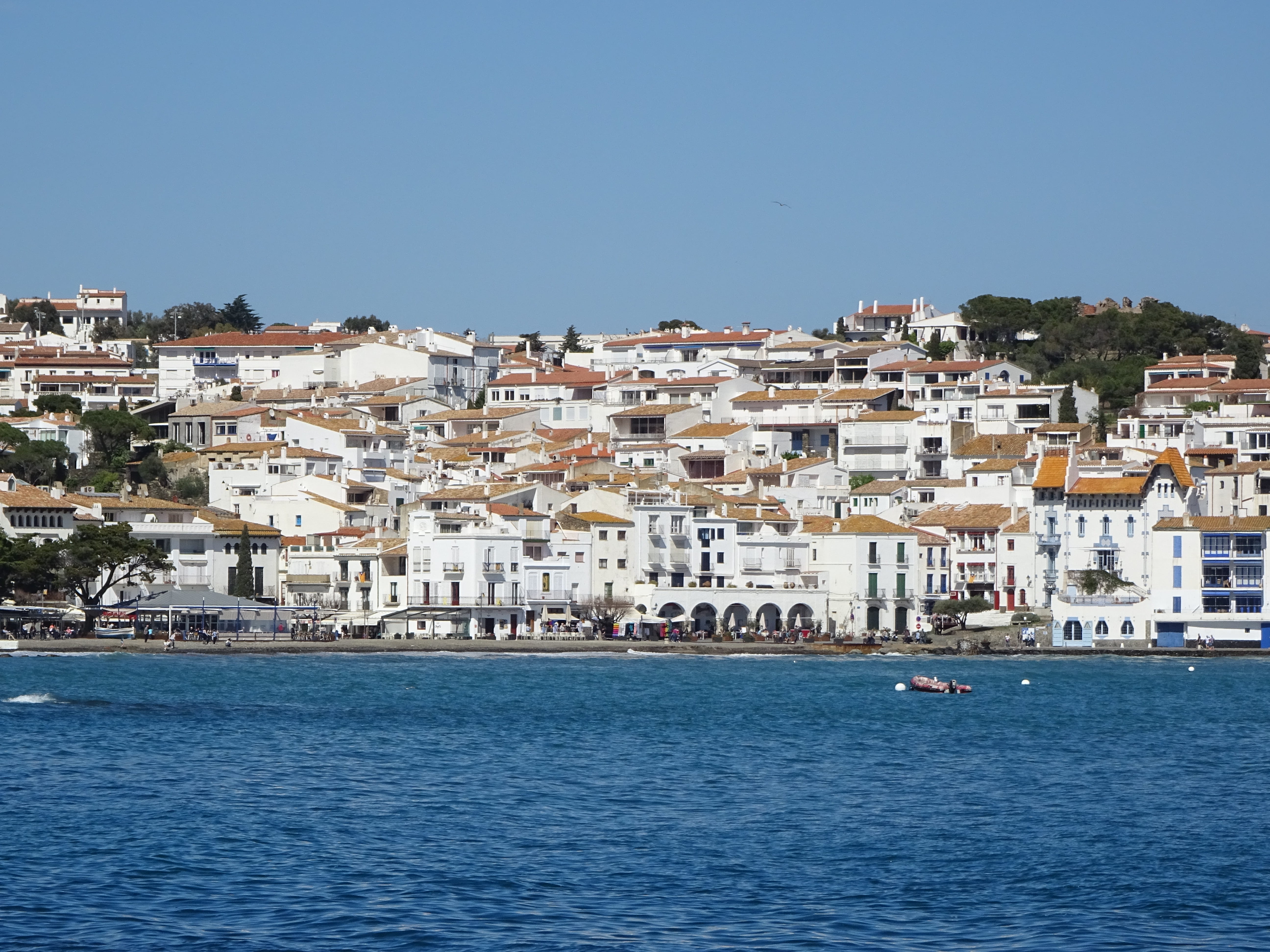 sea, cityscape, blue, sky, cadaqués, outdoors, architecture, townscape, building, built structure, residential district, clear sky, nature, city, tourism, HD Wallpaper