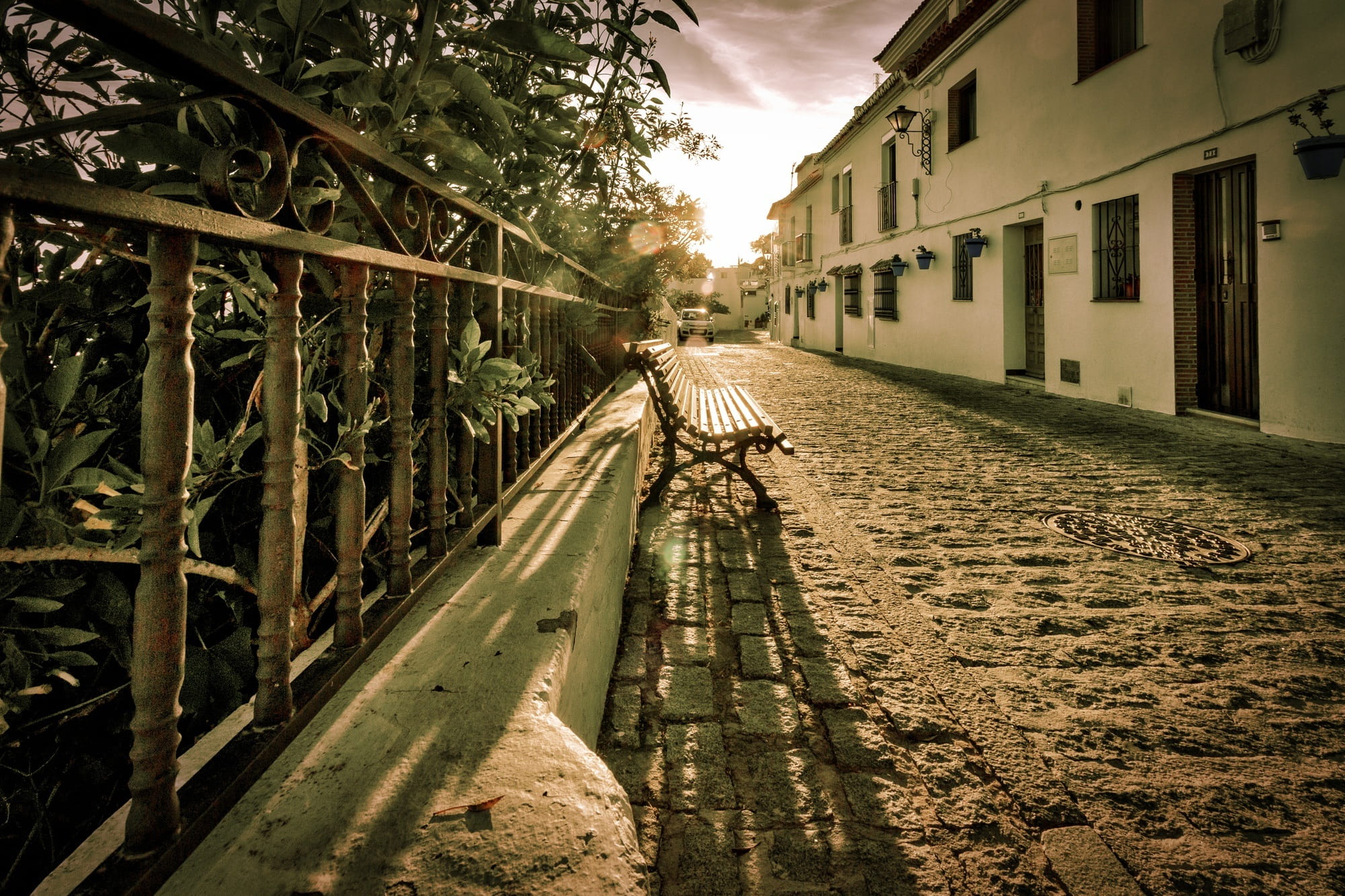 city, day, outdoors, built structure, tree, nature, sky, diminishing perspective, Sunset, Street, Pueblo, sunlight, architecture, no people, residential district, HD Wallpaper