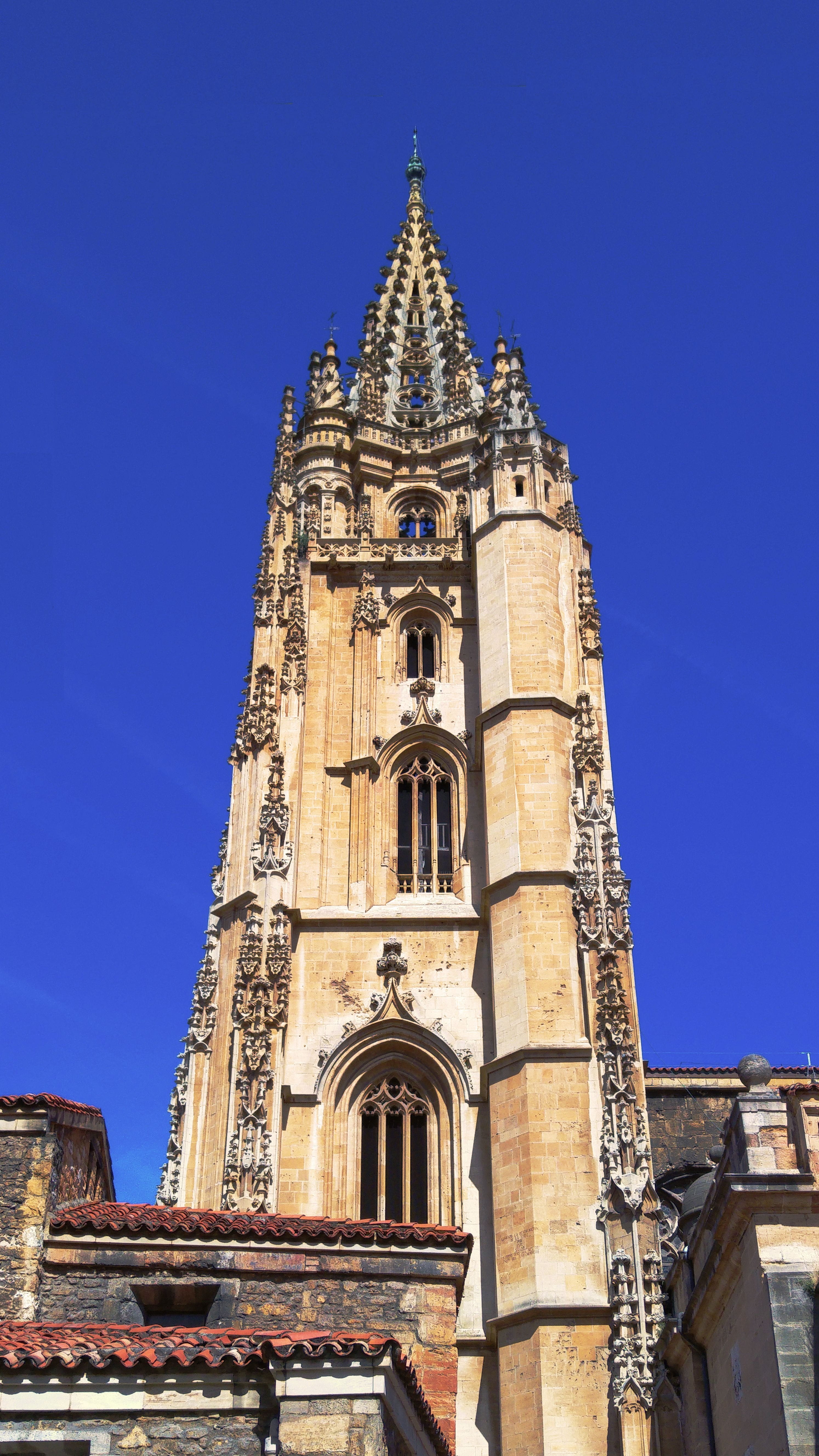 oviedo, spirituality, spire, Cathedral, place of worship, architecture, the past, religion, 5K, belief, tower, blue, clock, Asturias, clear sky, low angle view, Phone HD Wallpaper
