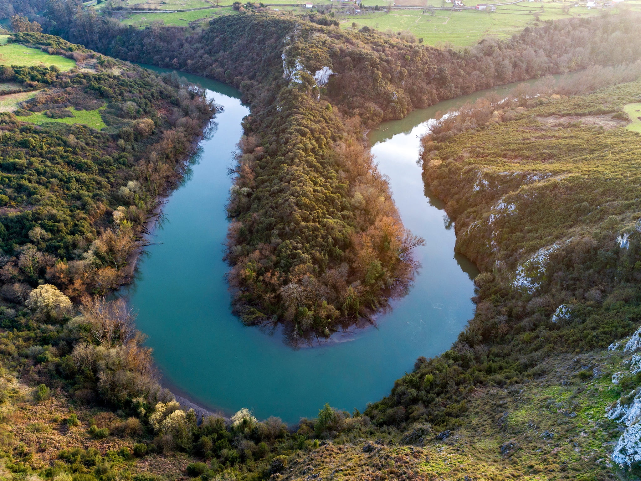 the sun, 1080P, Spain, trees, river, Asturias, the view from the top, hills, Oviedo, field, HD Wallpaper