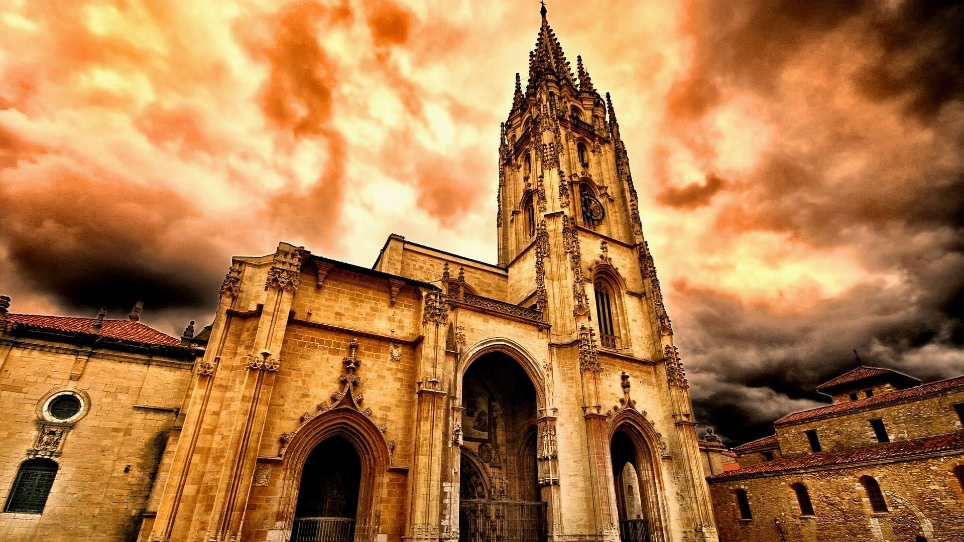 clock, built structure, spirituality, sky, place of worship, the past, no people, 1080P, arch, oviedo cathedral, old, low angle view, travel destinations, HD Wallpaper