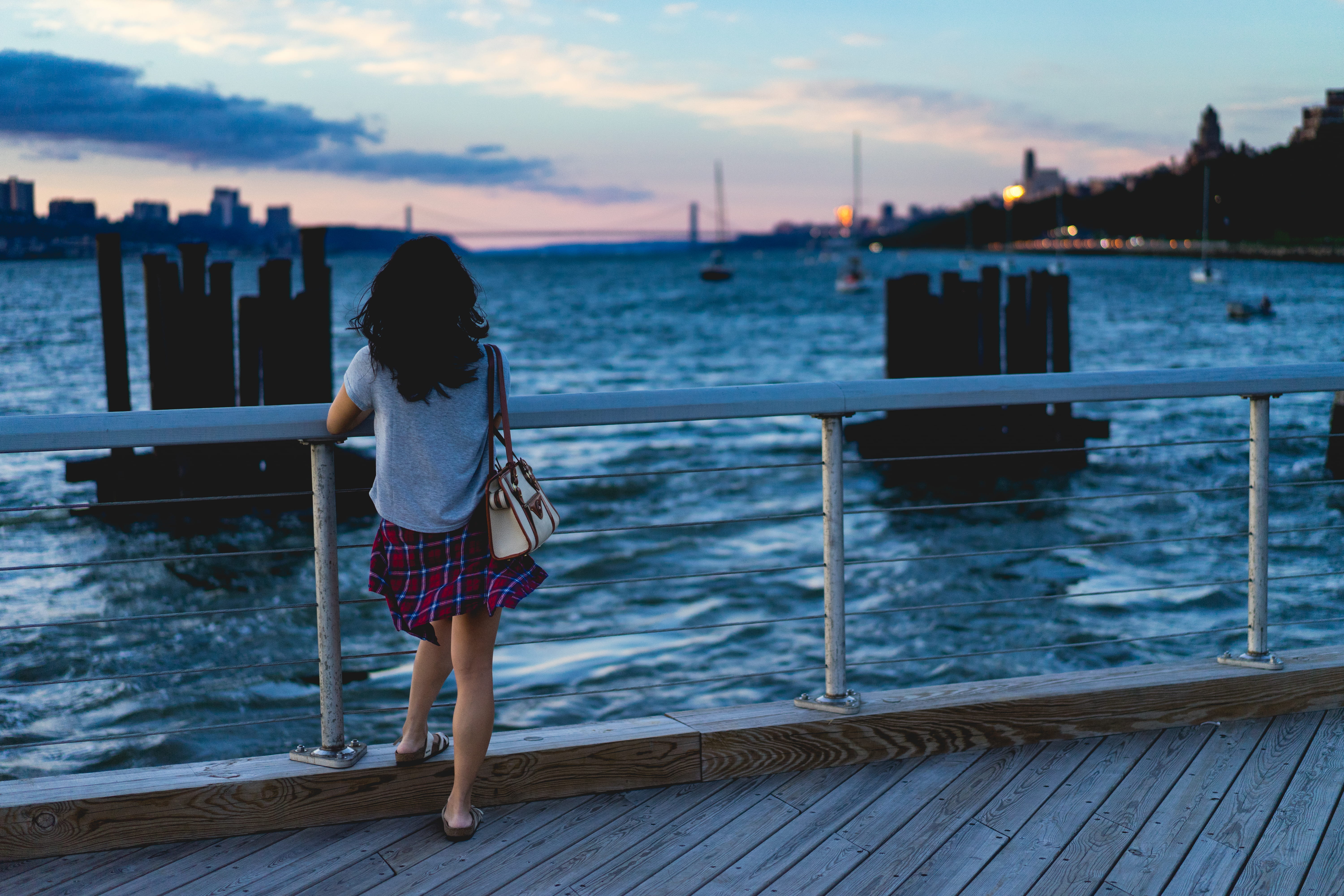 bay, overlooking, girl, bridge, water, lifestyles, near, new york city, leisure activity, pier, city, body, nyc, nature, real people, hairstyle, 5K, sunset, HD Wallpaper