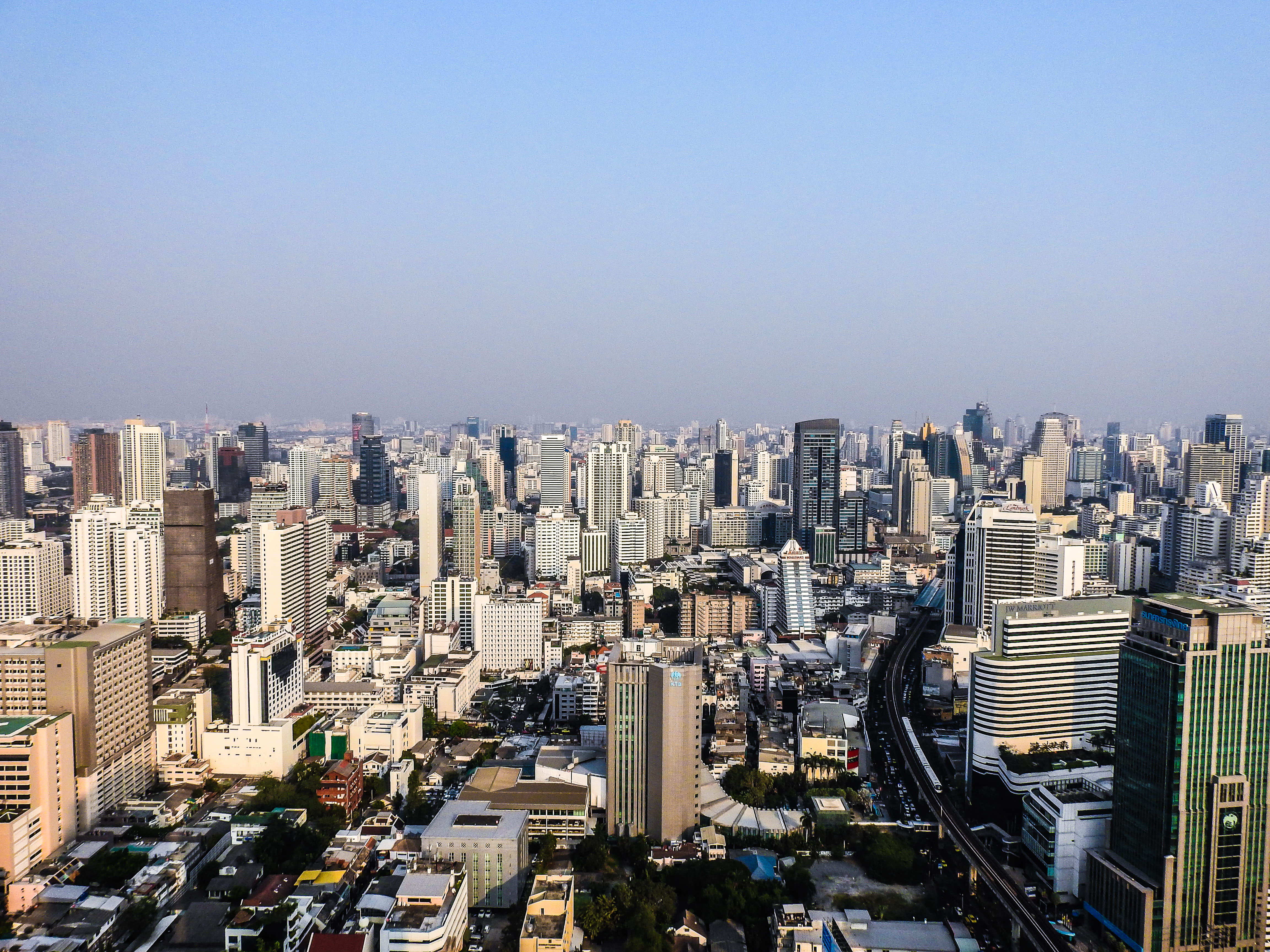 high angle view, sky high, city, city life, 4K, view, built structure, clear sky, financial district, outdoors, crowd, tall - high, skyscraper, residential district, HD Wallpaper