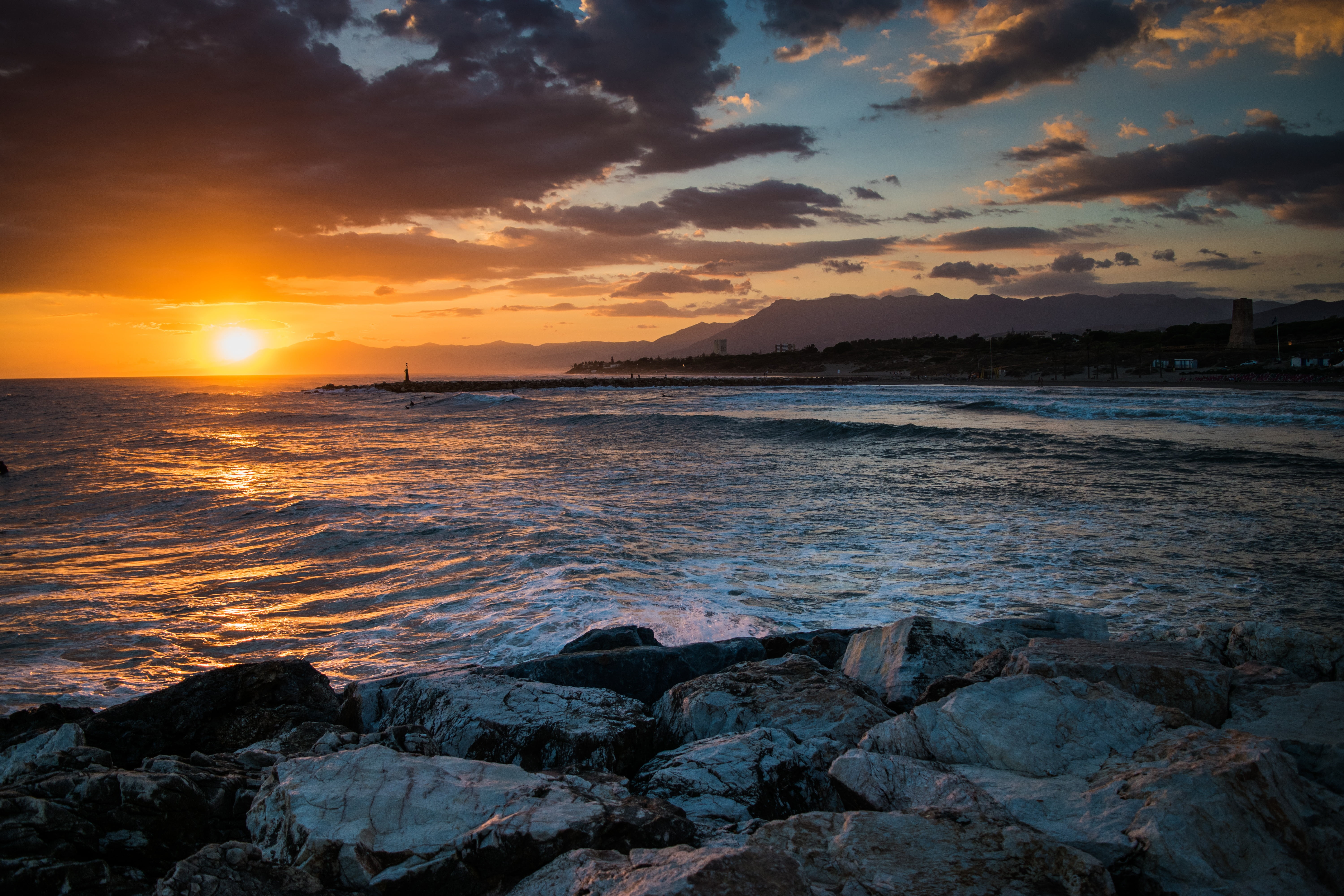 clouds, rock, no people, 5K, dawn, beauty in nature, calm, solid, stillness, land, nature, outdoors, cala de mijas, water, sky, tranquility, idyllic, tranquil scene, HD Wallpaper